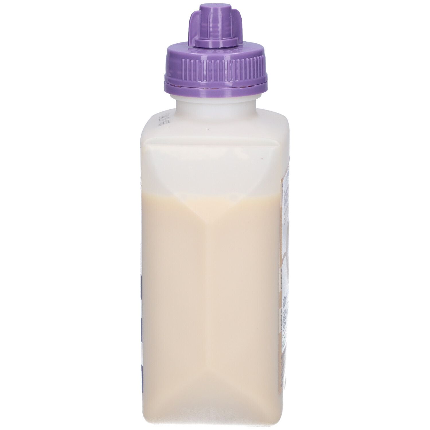 Isosource Standard Fibre Flasche, Seitenansicht. Weißliche Flüssigkeit im Behälter. Lila Verschluss oben.