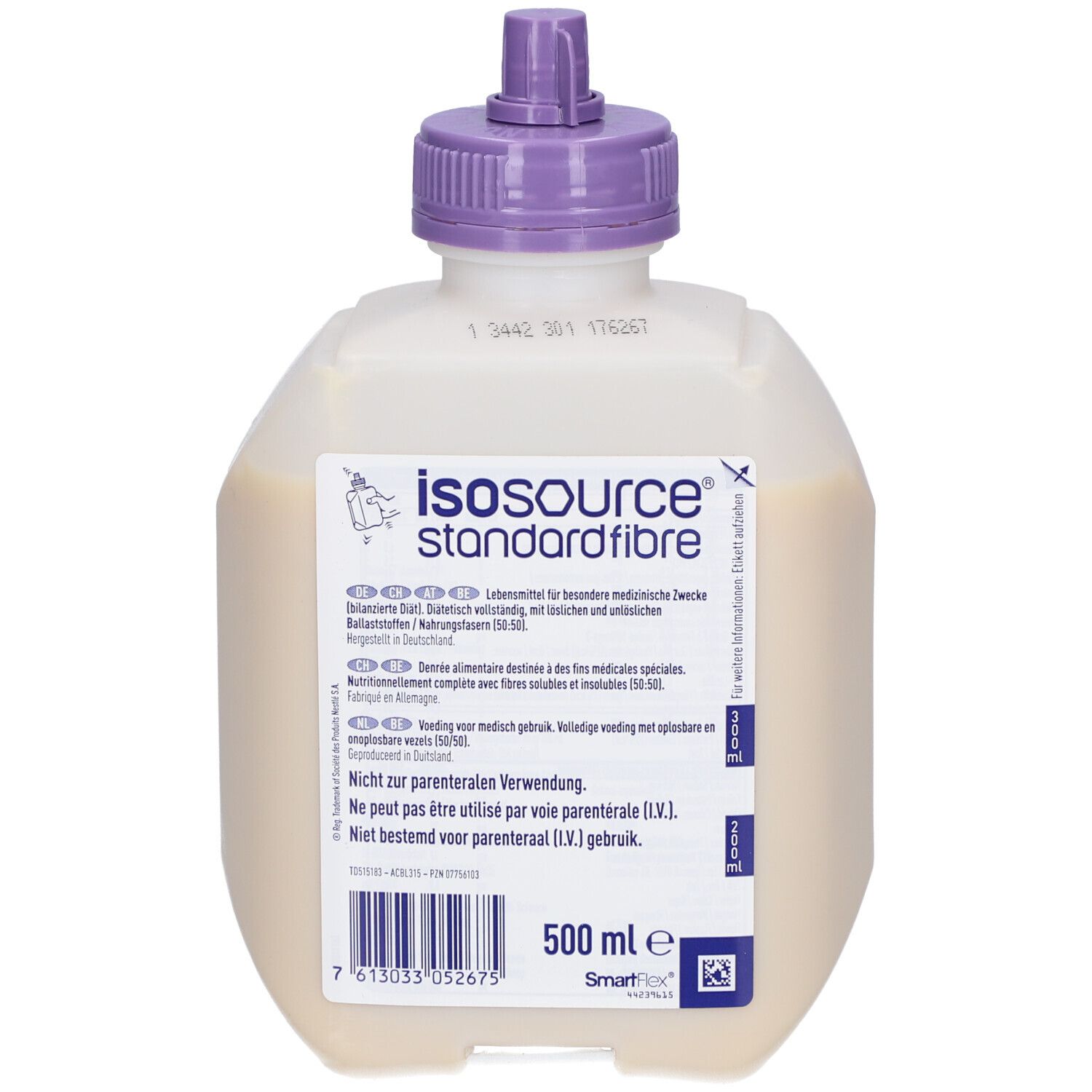 Isosource Standard Fibre Flasche mit lila Verschluss. 500 ml. Aufdrucke: Nestle Health Science, Nährwertangaben, SmartFlex.