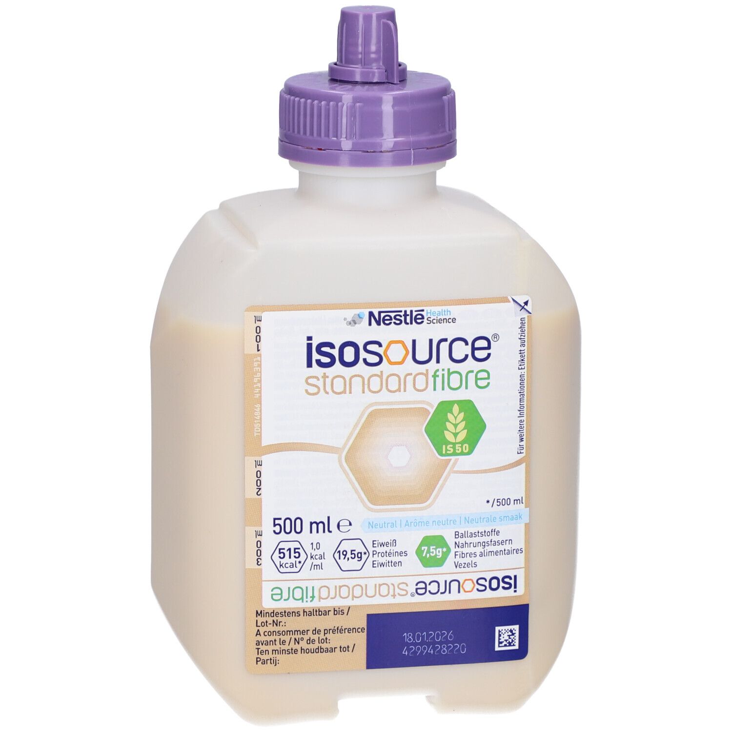 Isosource Standard Fibre Flasche mit lila Verschluss. 500 ml. Aufdrucke: Nestle Health Science, Nährwertangaben.