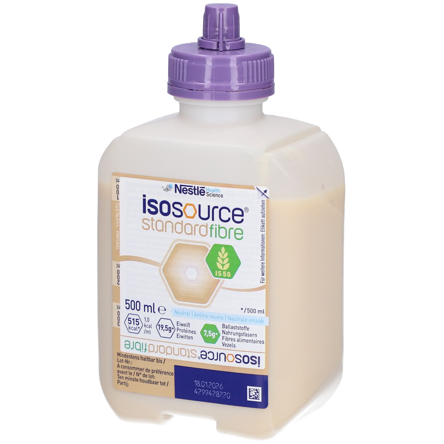 Isosource Standard Fibre Flasche mit lila Verschluss. 500 ml. Aufdrucke: Nestle Health Science, Nährwertangaben.