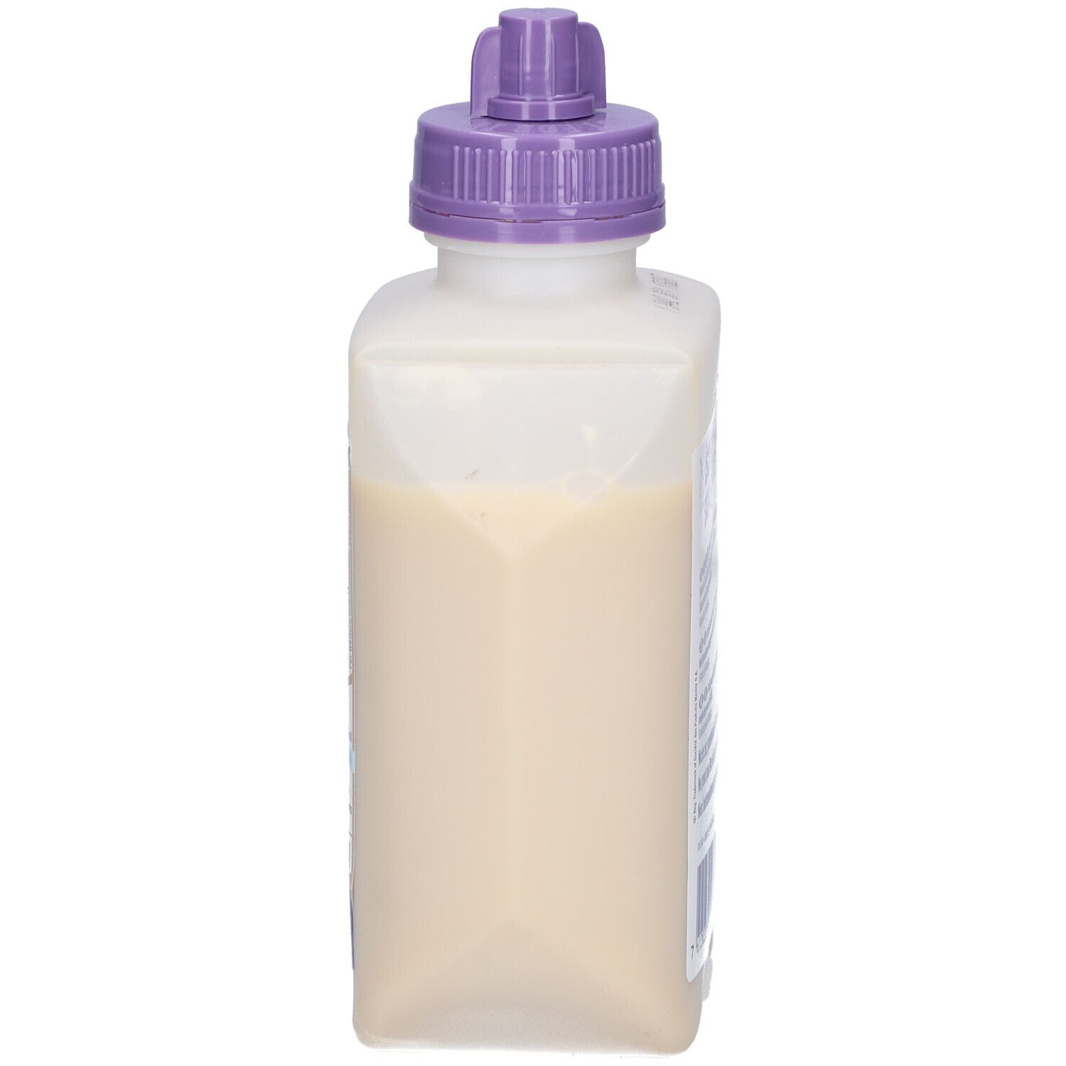 Isosource Standard Fibre Flasche, Seitenansicht. Flüssigkeit im Behälter. Lila Verschluss oben.