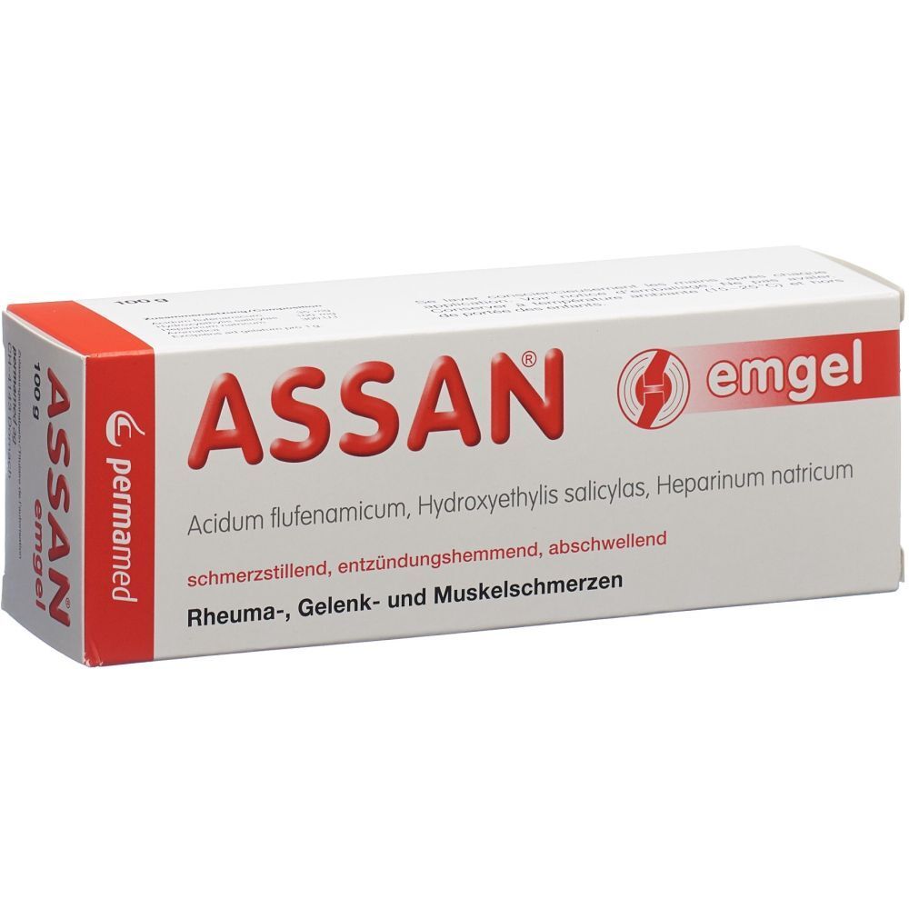 Weißer Karton mit roter Schrift. Aufschrift: ASSAN emgel. Enthält Wirkstoffe. Für Rheuma-, Gelenk- und Muskelschmerzen.