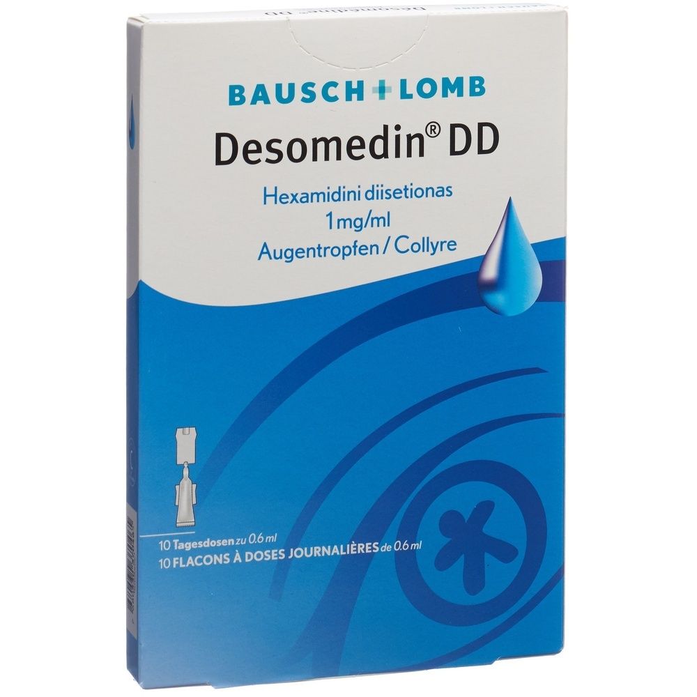 Kartonverpackung mit Produktinformationen. Aufschrift: Desomedin DD, Augentropfen. Marke: Bausch + Lomb. Enthält 10 Tagesdosen.