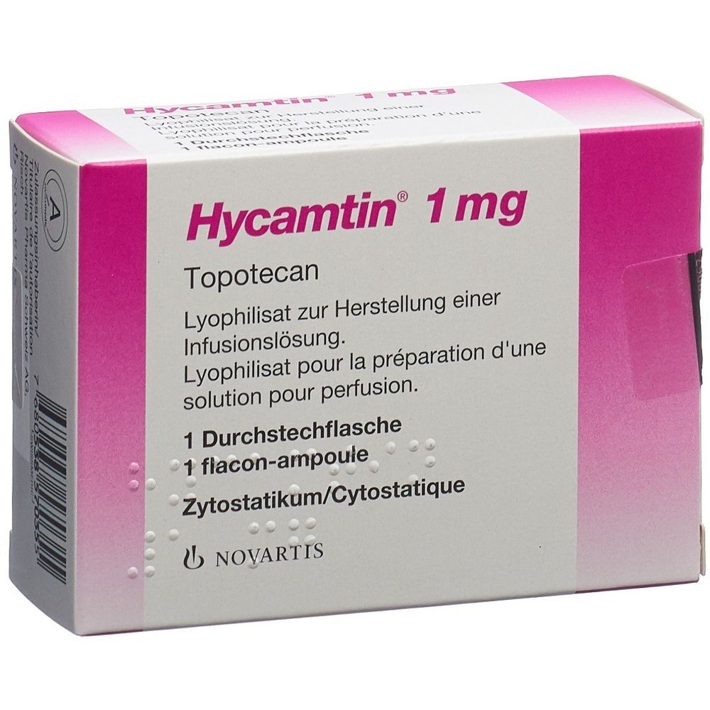 Kartonverpackung mit der Aufschrift "Hycamtin 1 mg". Rosa und weiße Farbgebung. Text in deutscher Sprache.