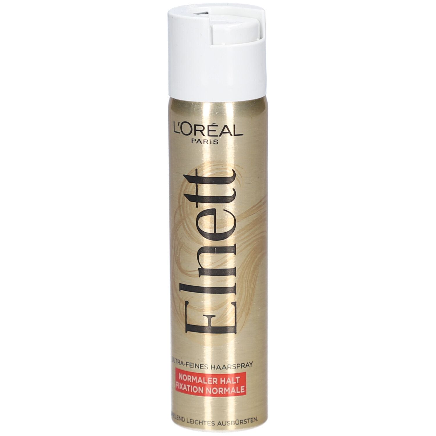 Flacon doré avec bouchon blanc. Inscription: Elnett, L'Oréal Paris. Texte: Ultra-fin, fixation normale.