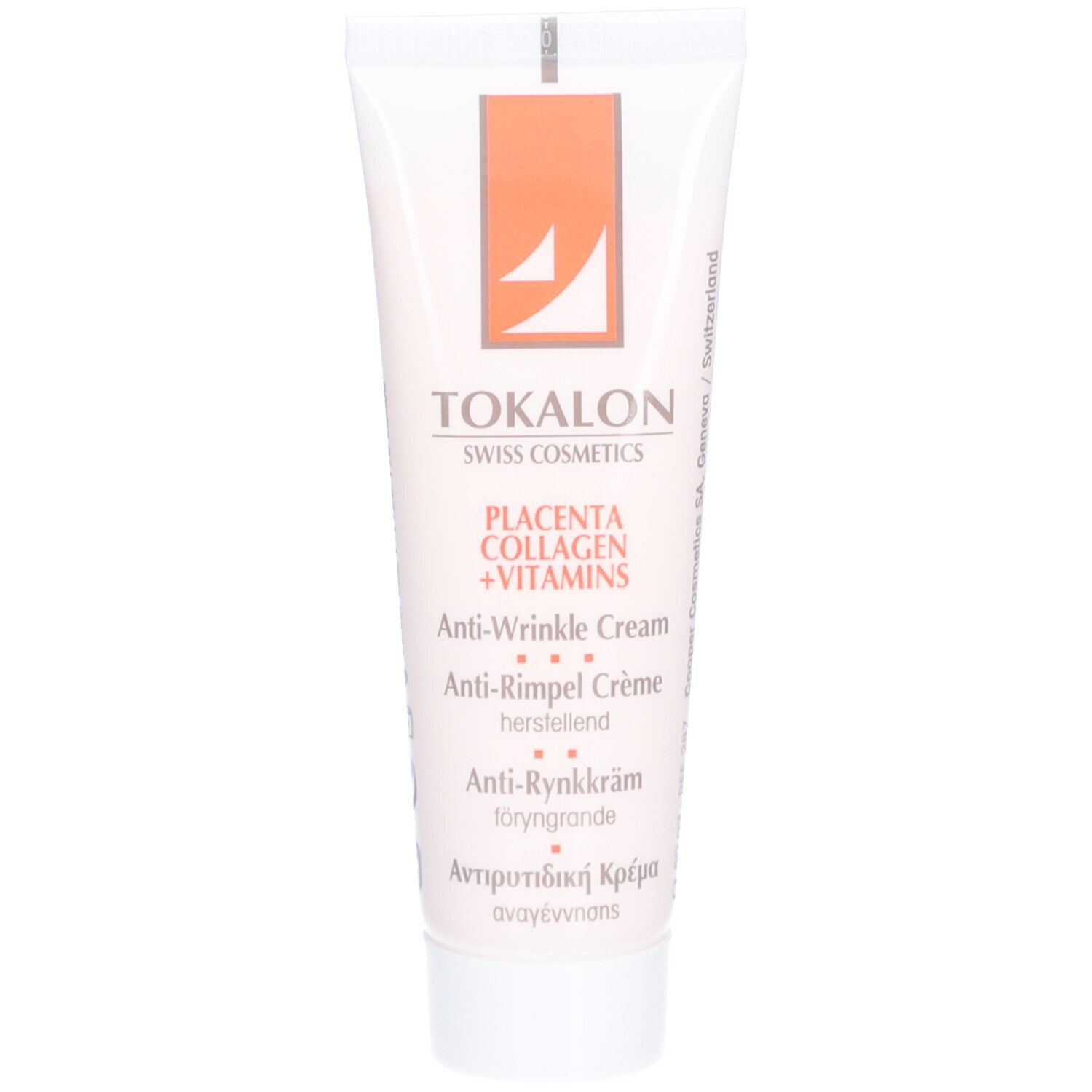 Weiße Tube mit Aufschrift: Tokalon Swiss Cosmetics, Placenta, Collagen, Vitamine. Anti-Wrinkle Cream. Mehrsprachige Texte.