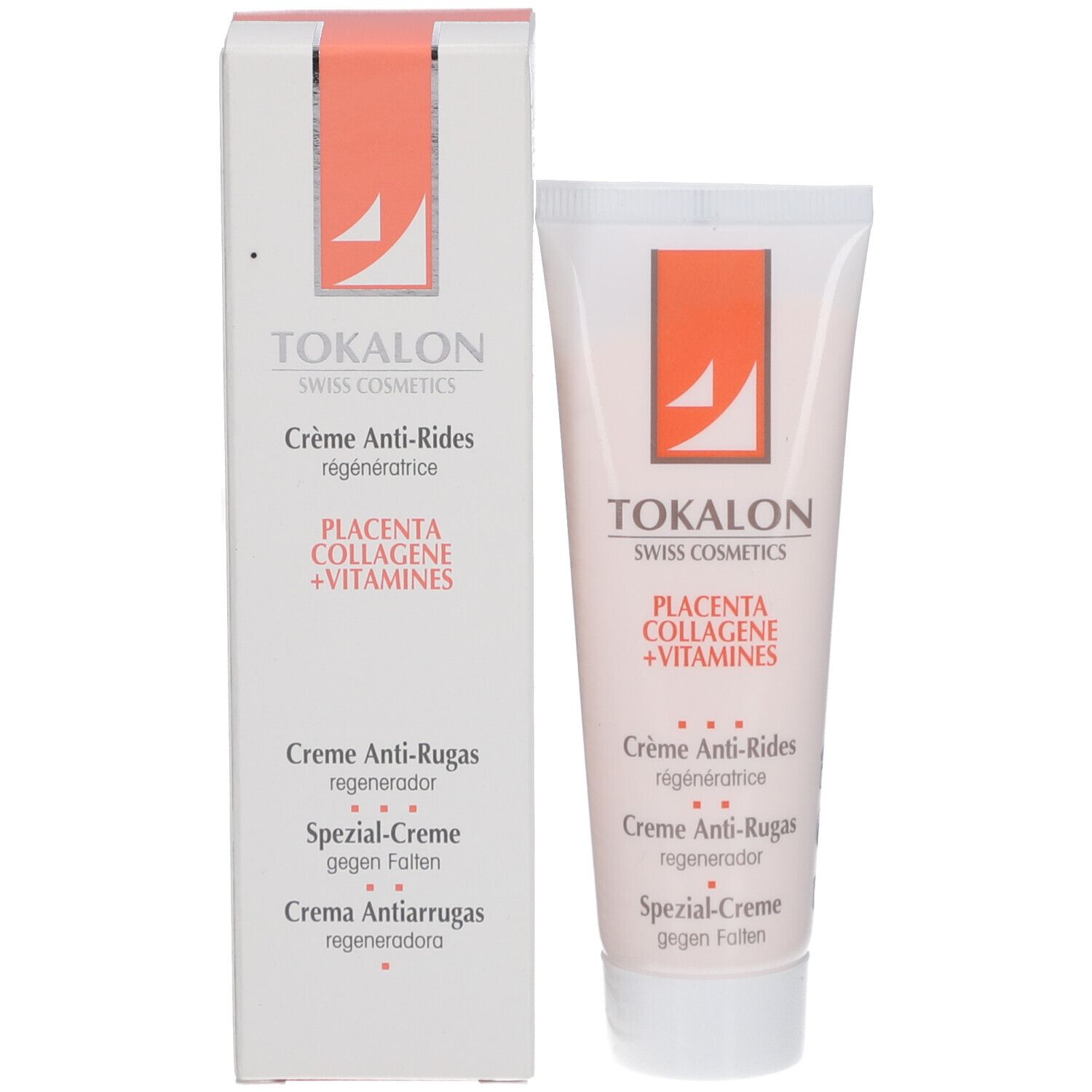 Produktverpackung mit Tube und Schachtel. Aufschrift: Tokalon Swiss Cosmetics, Placenta, Collagen, Vitamine. Creme gegen Falten.