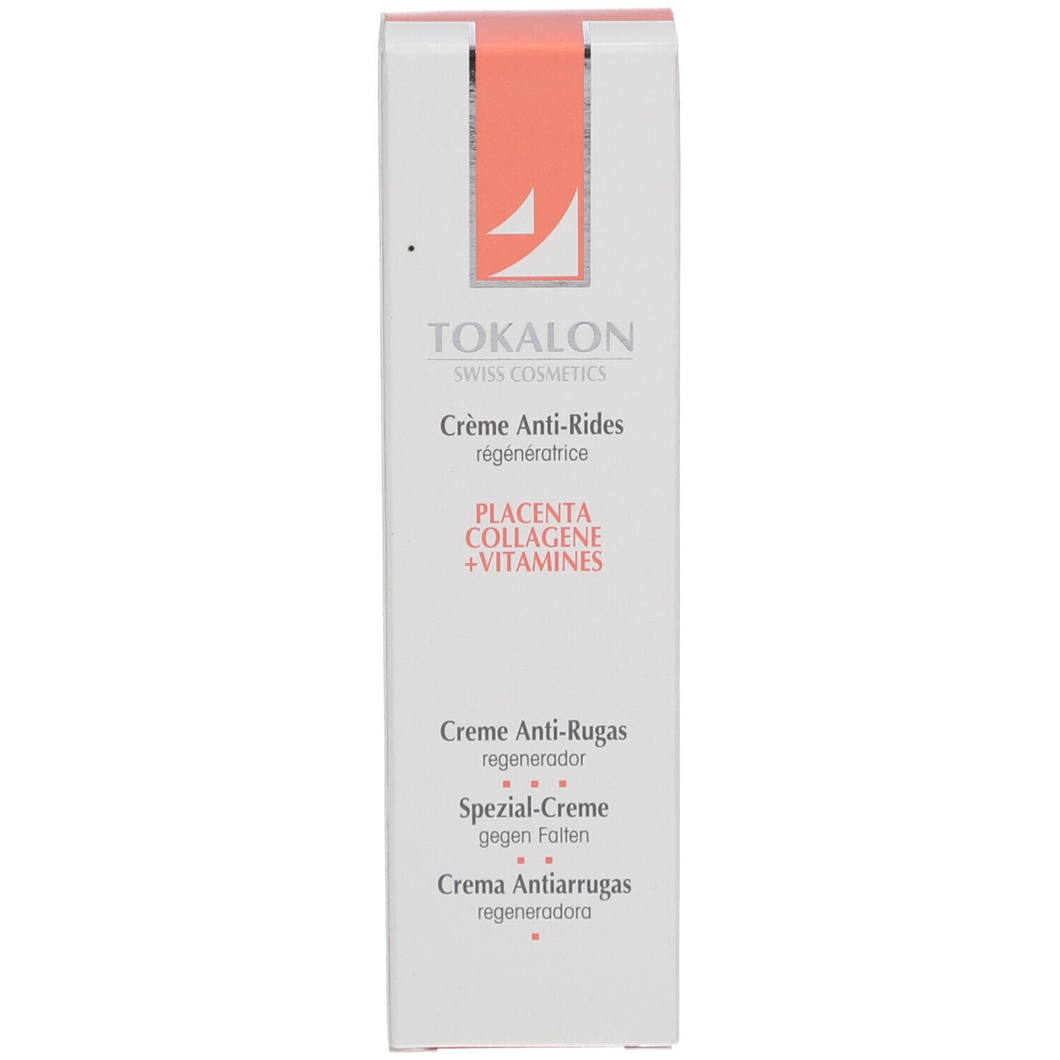 Schachtel mit Aufschrift: Tokalon Swiss Cosmetics, Creme gegen Falten, Placenta, Collagen, Vitamine. Mehrsprachige Texte.