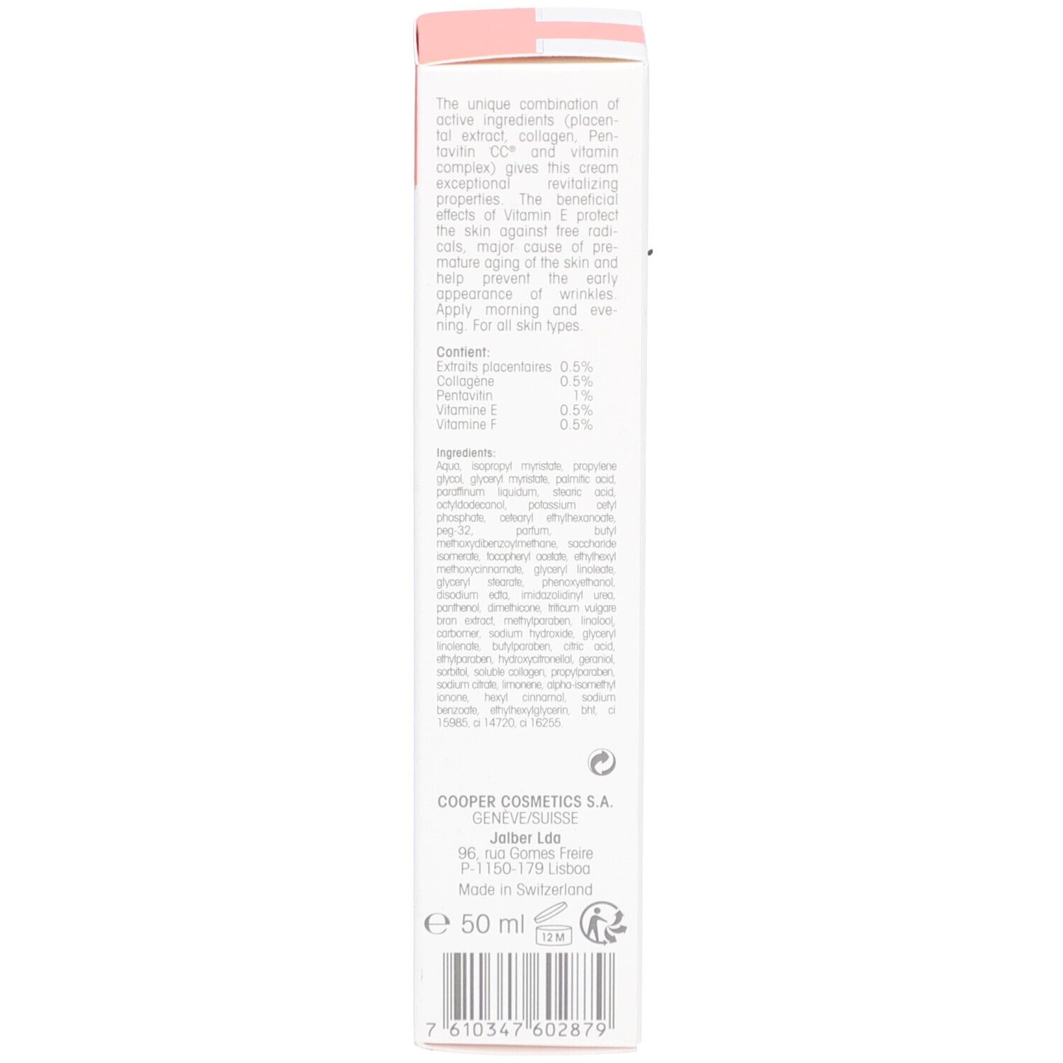 Rückseite der Schachtel mit Inhaltsstoffen und Herstellerinformationen. Enthält 50 ml. Made in Switzerland.