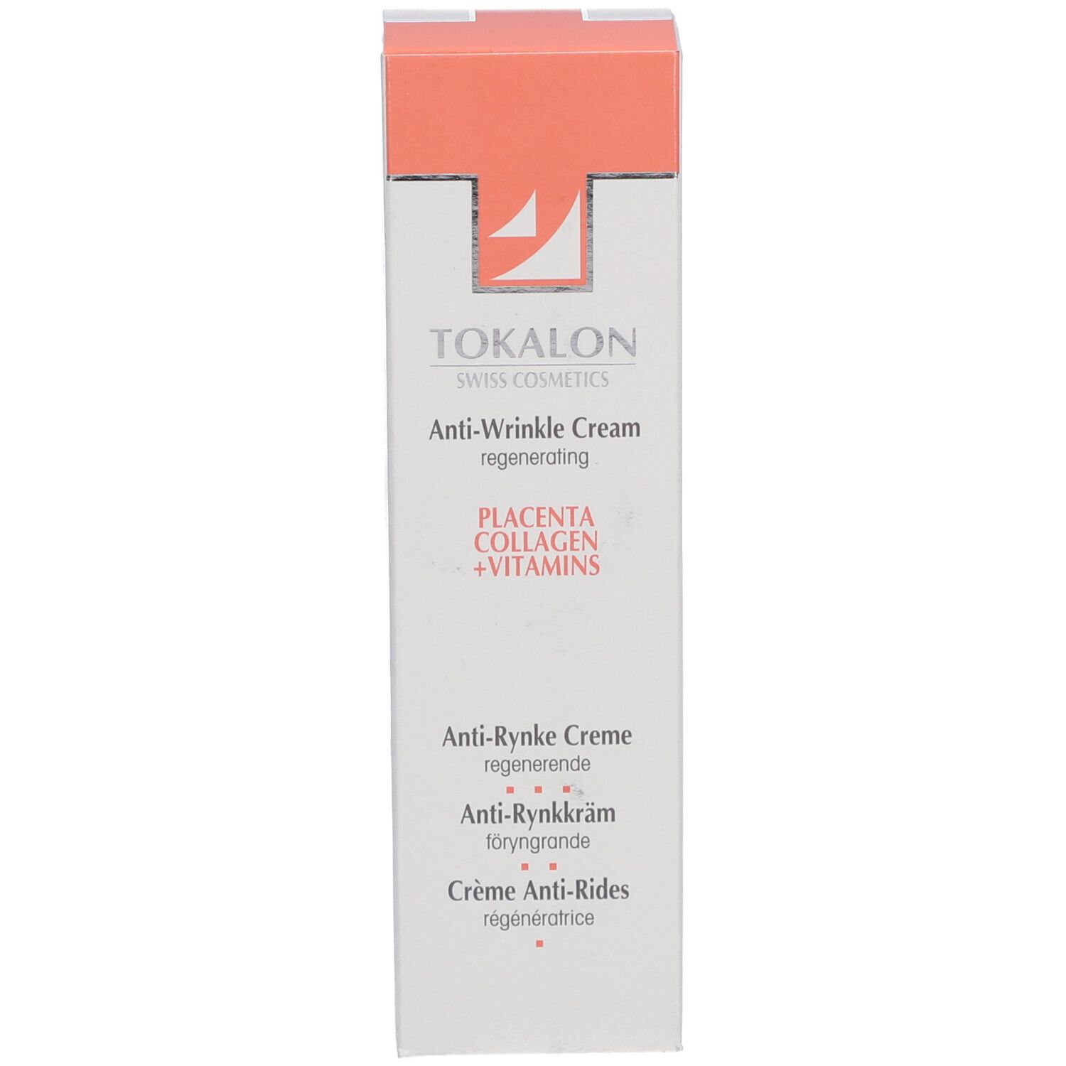 Schachtel mit Aufschrift: Tokalon Swiss Cosmetics, Anti-Wrinkle Cream, Placenta, Collagen, Vitamine. Mehrsprachige Texte.