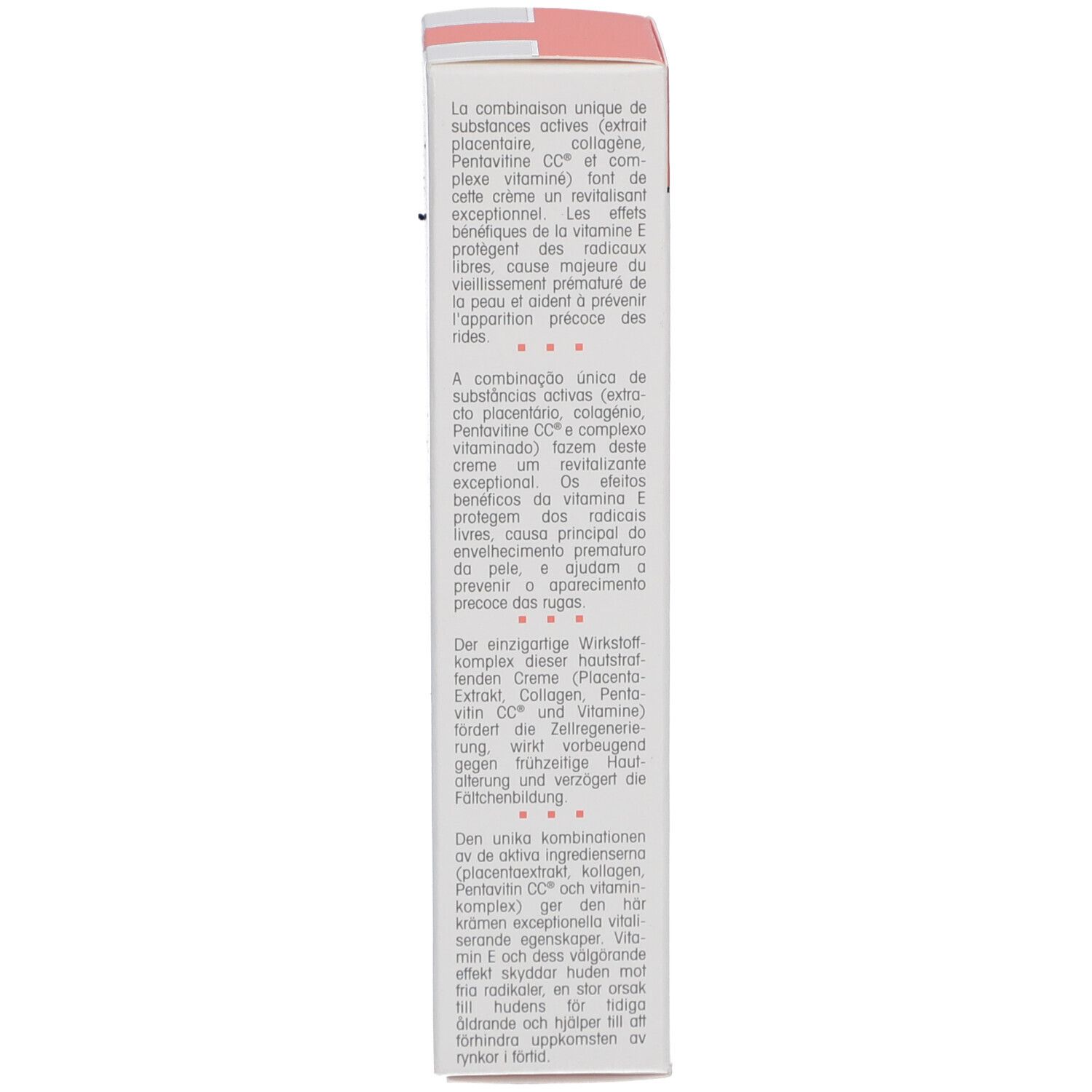 Rückseite der Schachtel mit Produktbeschreibung in mehreren Sprachen. Enthält Informationen zu Inhaltsstoffen.