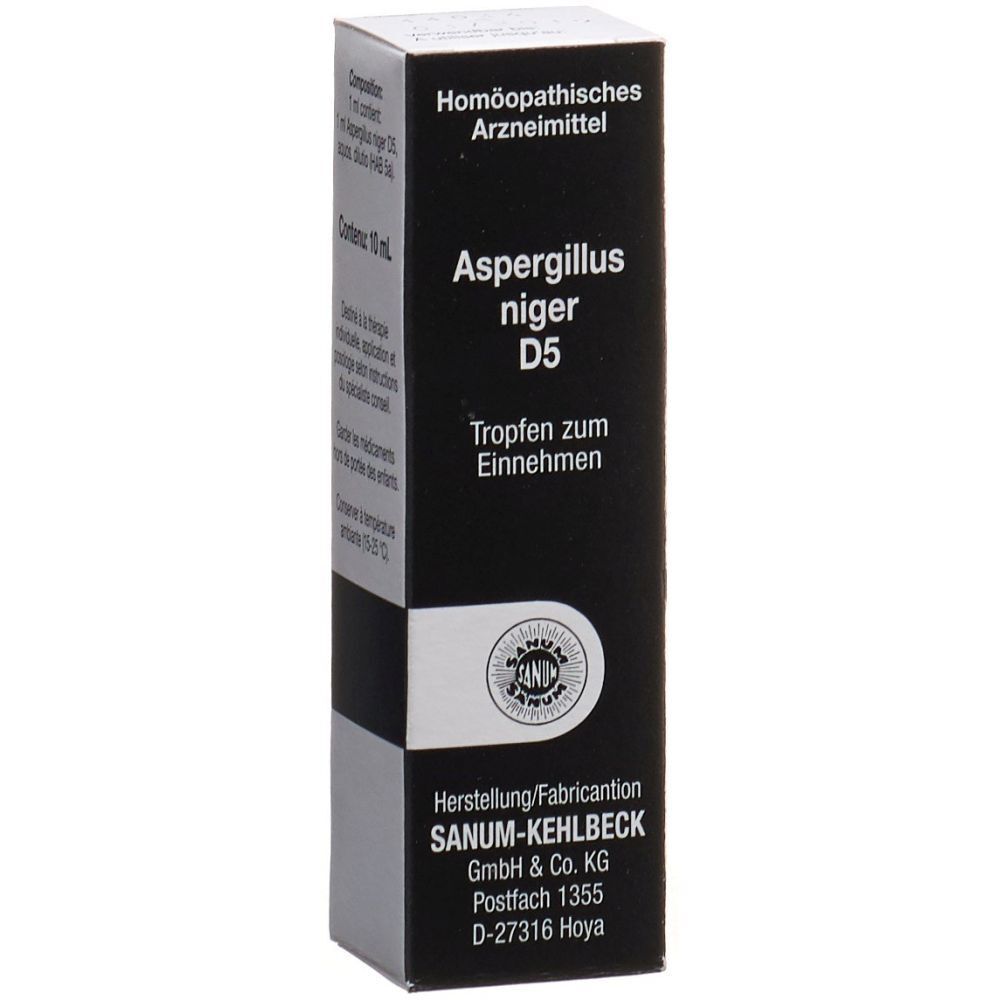Kartonverpackung. Schwarze Vorderseite mit weißer Schrift: Aspergillus niger D5, Tropfen zum Einnehmen. Logo SANUM-KEHLBECK.