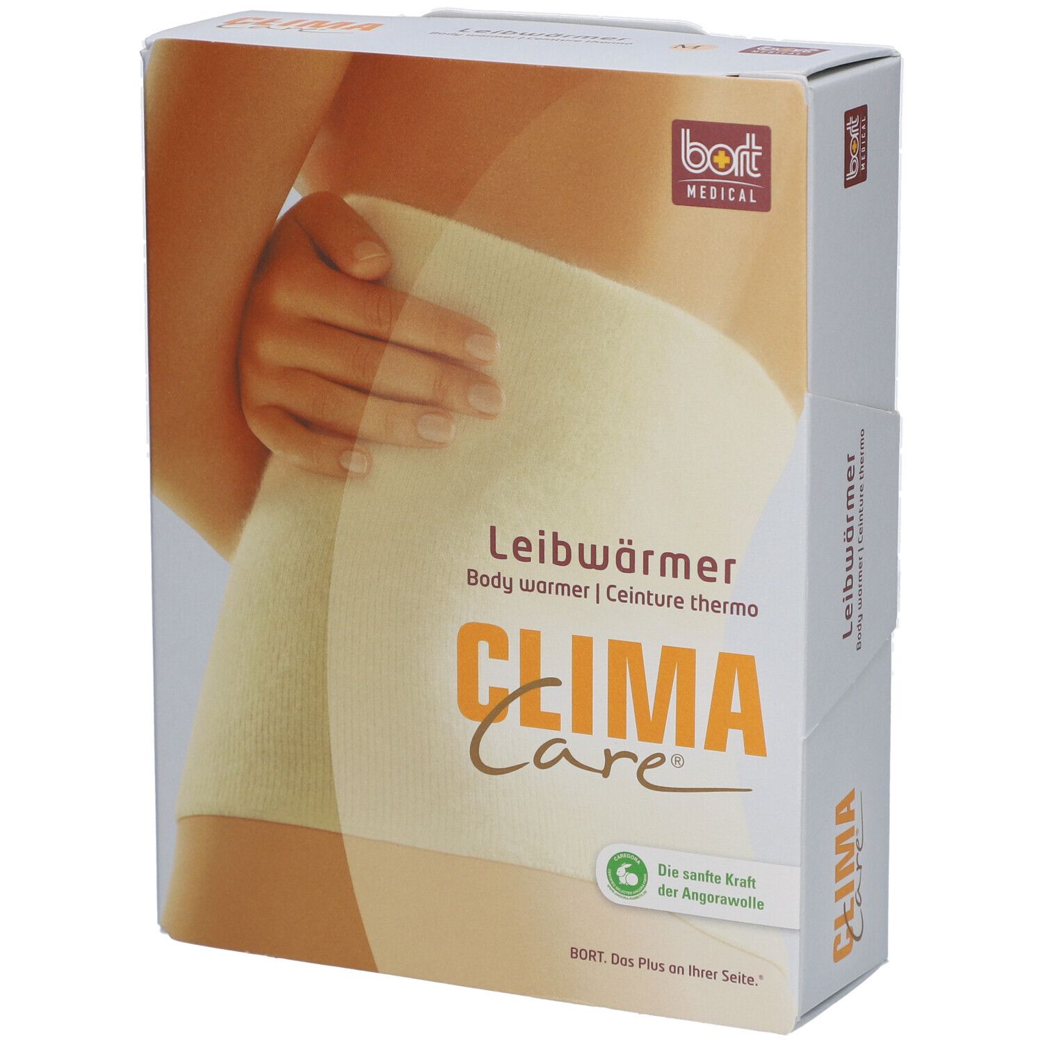 Verpackung von Bort CLIMACare® Leibwärmer. Beige Leibwärmer-Abbildung. Schriftzug: CLIMA Care, Leibwärmer, Angora-Wolle.