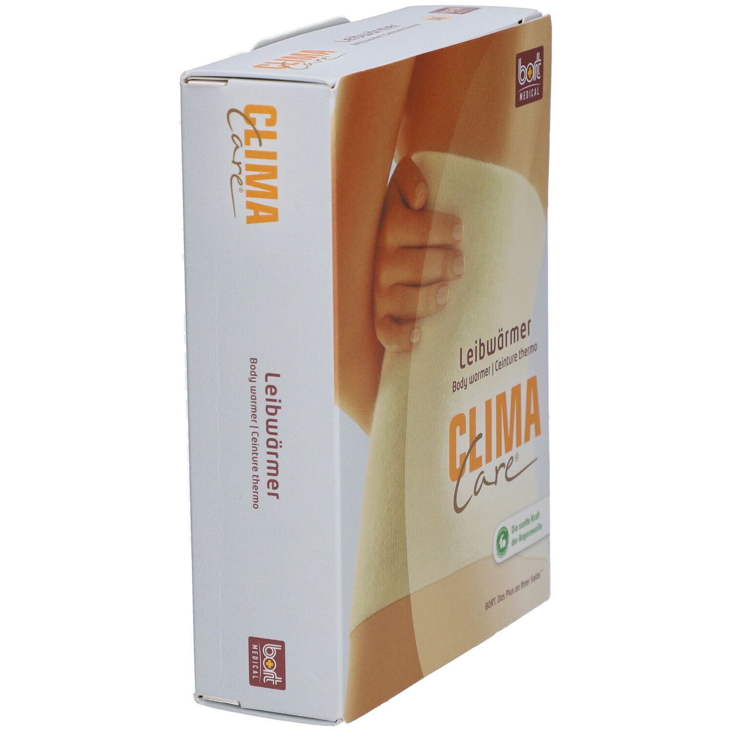 Bort CLIMACare® Verpackung, Seitenansicht. Beige Leibwärmer-Abbildung. Schriftzug: CLIMA Care, Leibwärmer, Angora-Wolle.