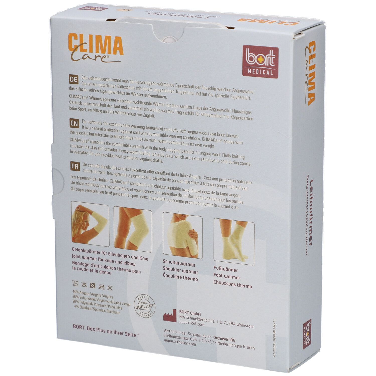 Rückseite der Bort CLIMACare® Verpackung. Produktabbildungen: Knie-, Schulter-, Fußwärmer. Text in Deutsch, Englisch, Französisch.