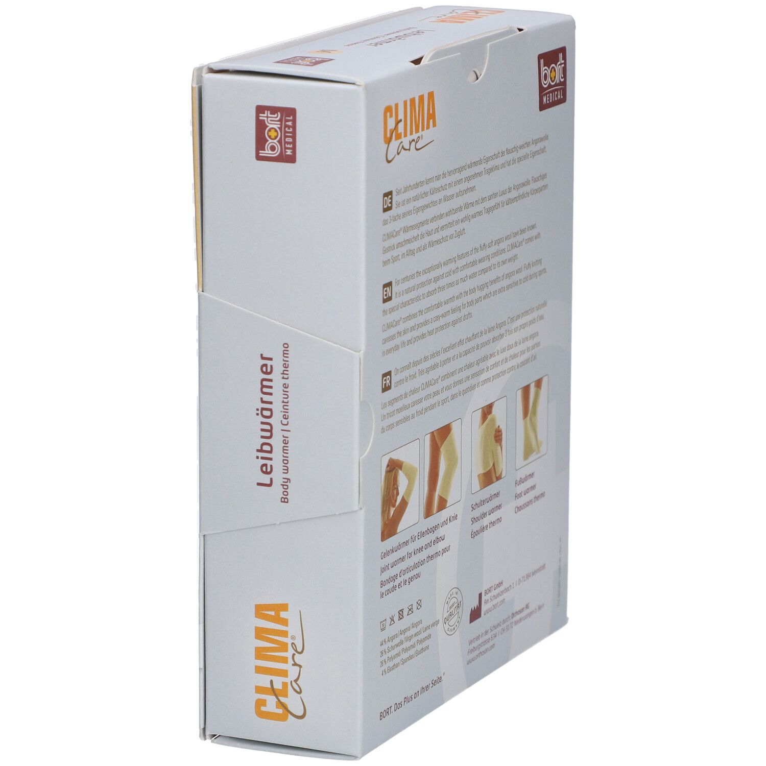 Bort CLIMACare® Verpackung, Seitenansicht. Produktabbildungen: Knie-, Schulter-, Fußwärmer. Schriftzug: CLIMA Care, Leibwärmer.