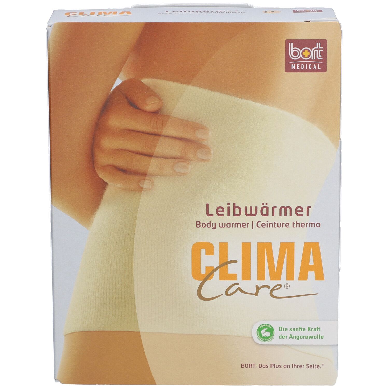 Bort CLIMACare® Verpackung. Beige Leibwärmer-Abbildung. Schriftzug: CLIMA Care, Leibwärmer, Angora-Wolle.