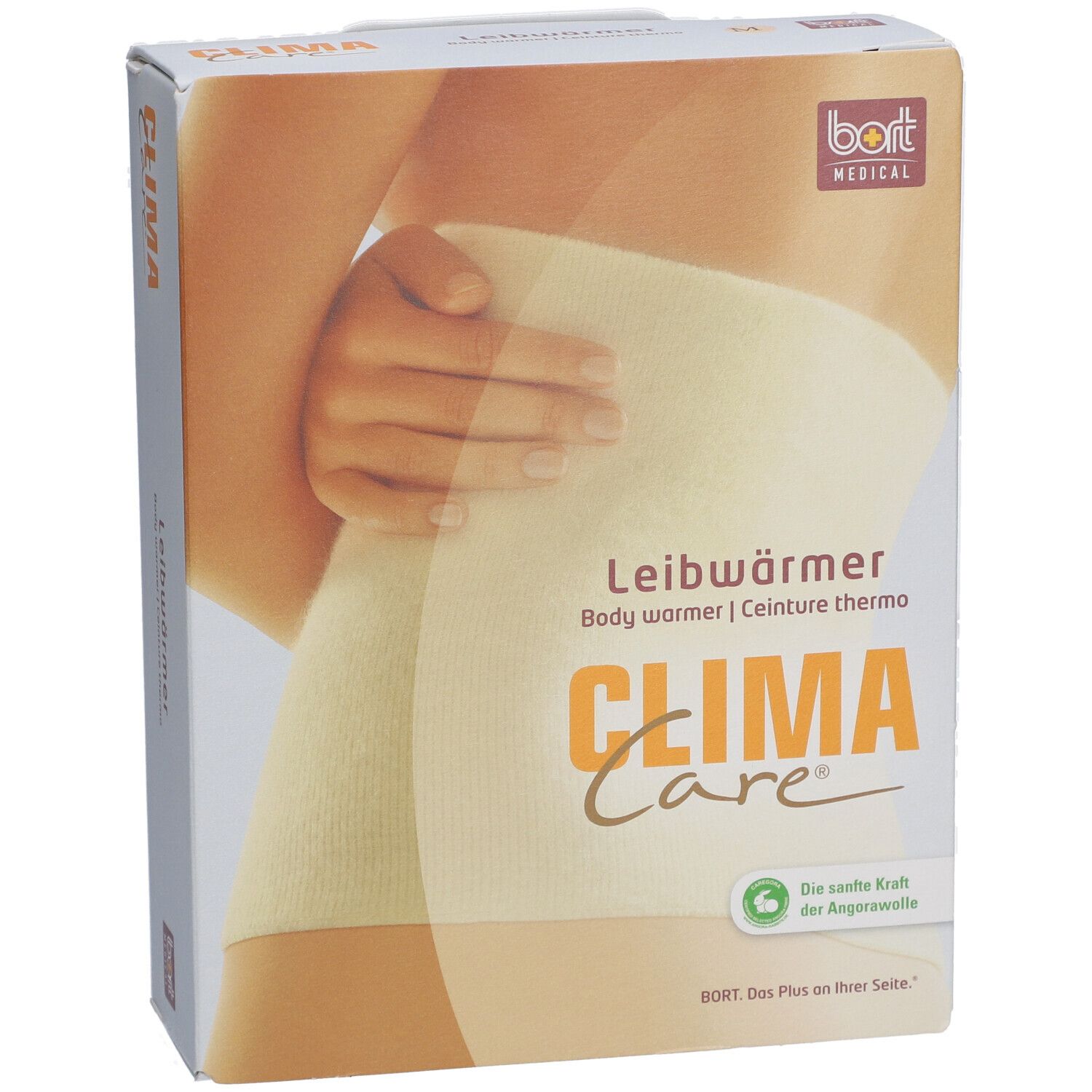 Bort CLIMACare® Verpackung. Beige Leibwärmer-Abbildung. Schriftzug: CLIMA Care, Leibwärmer, Angora-Wolle.