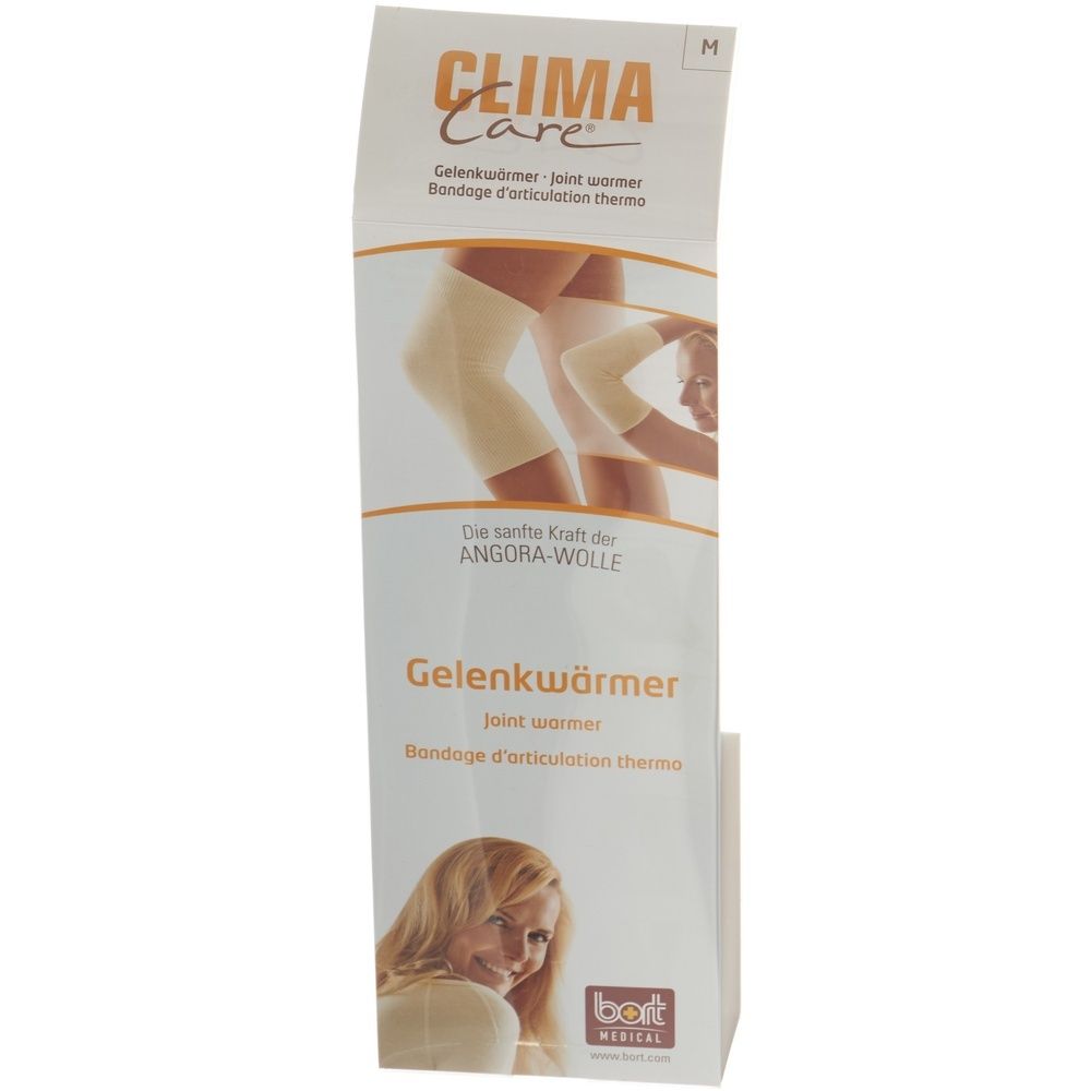 Emballage de chauffe-articulation. Inscriptions: CLIMA Care, Gelenkwärmer, Angora-Wolle. Marque: bort MEDICAL. Taille M.