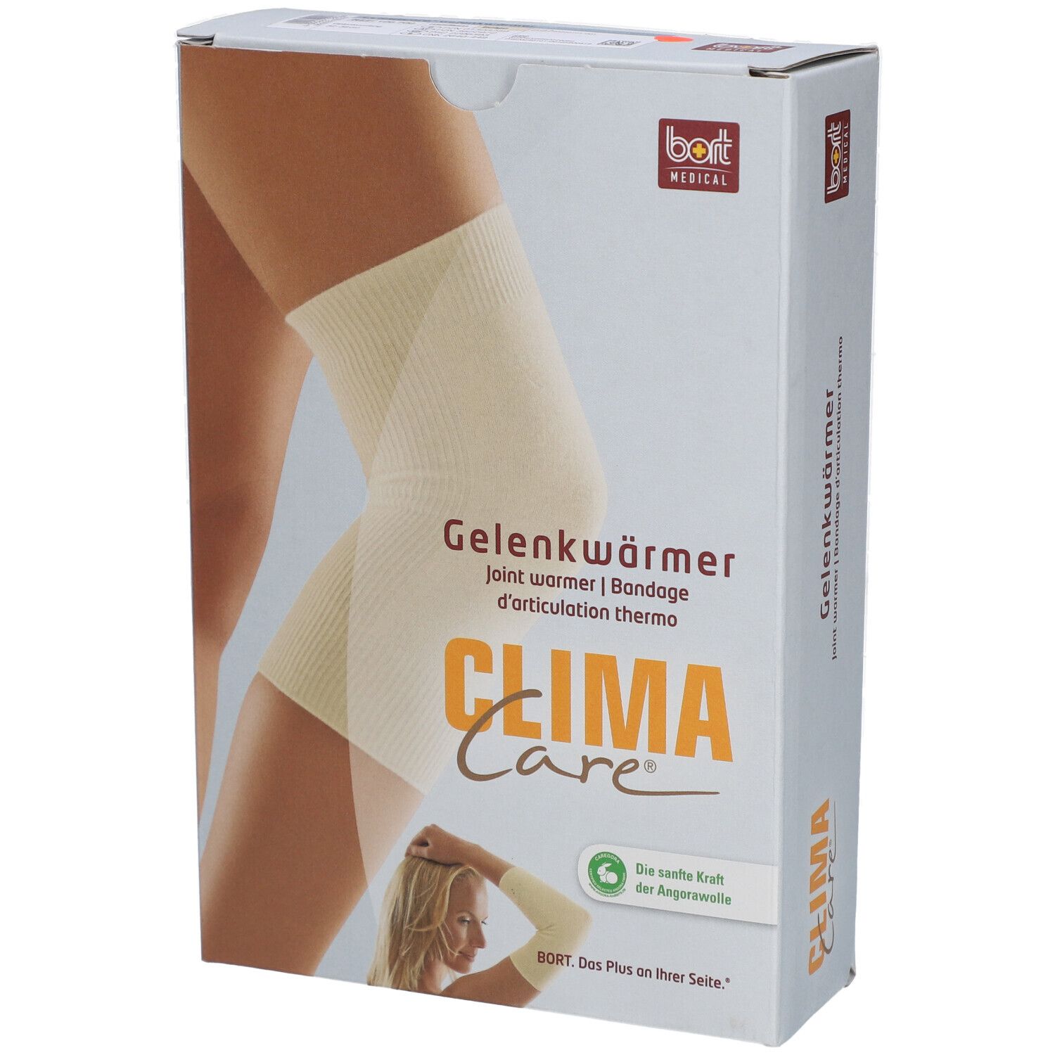 Boîte de Gelenkwärmer. Marque: CLIMACare®, bort MEDICAL. Image du produit sur une jambe. Texte: Gelenkwärmer, Bandage d'articulation thermo.