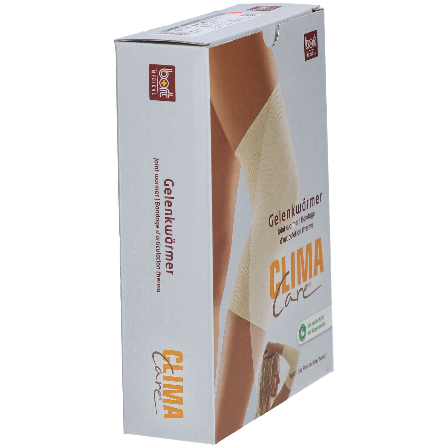 Boîte de Gelenkwärmer en biais. Marque: CLIMACare®, bort MEDICAL. Texte: Gelenkwärmer, Bandage d'articulation thermo.