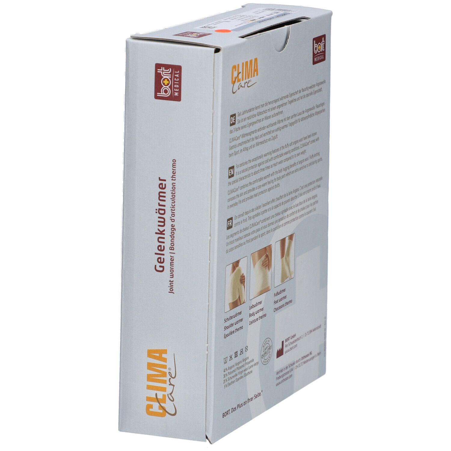 Boîte en biais avec informations produit. Texte: Gelenkwärmer, joint warmer, Bandage d'articulation thermo. Marque: CLIMACare®.