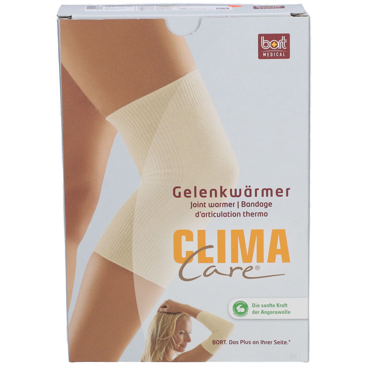 Boîte de Gelenkwärmer. Marque: CLIMACare®, bort MEDICAL. Image du produit sur une jambe. Texte: Gelenkwärmer, Bandage d'articulation thermo.