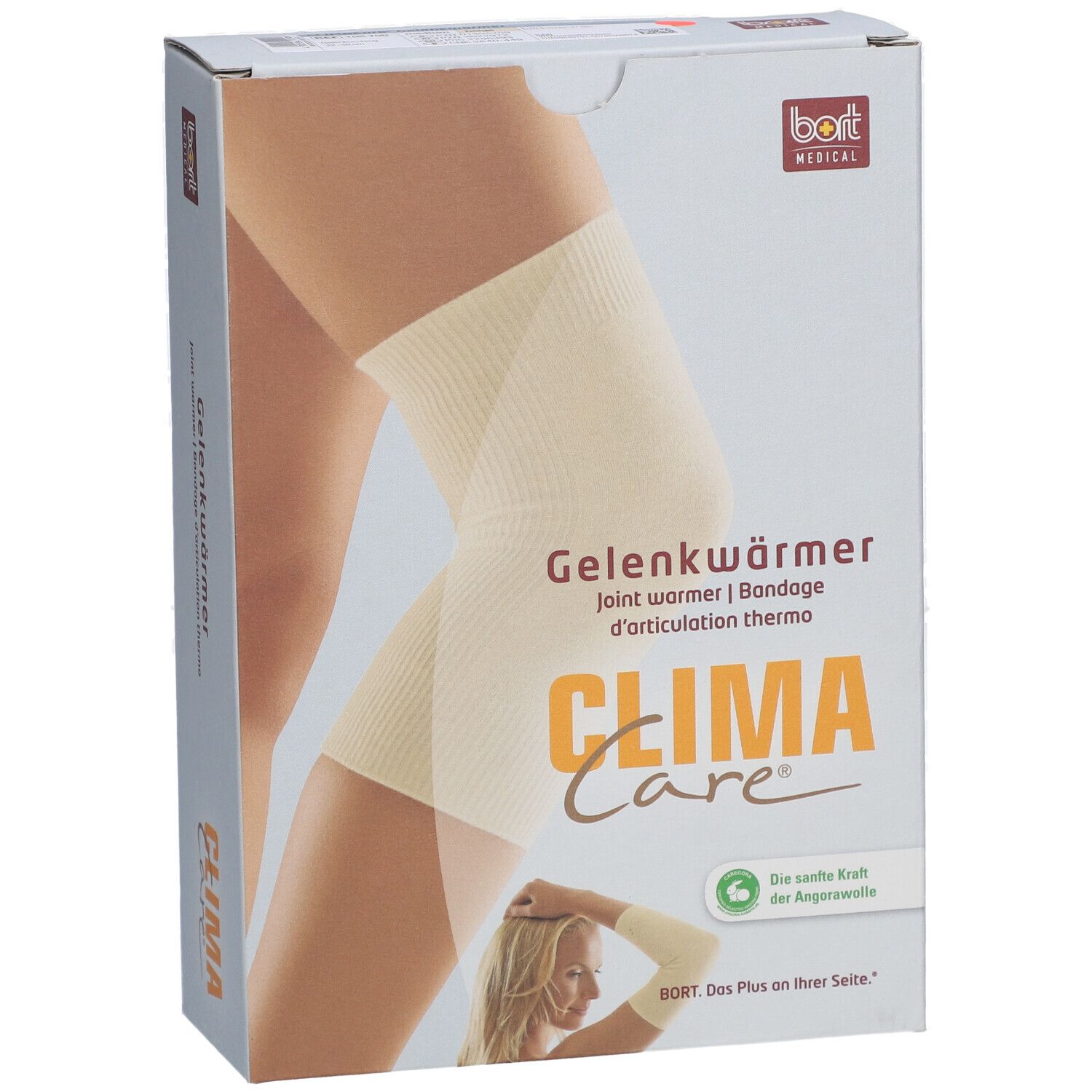 Boîte de Gelenkwärmer. Marque: CLIMACare®, bort MEDICAL. Image du produit sur une jambe. Texte: Gelenkwärmer, Bandage d'articulation thermo.