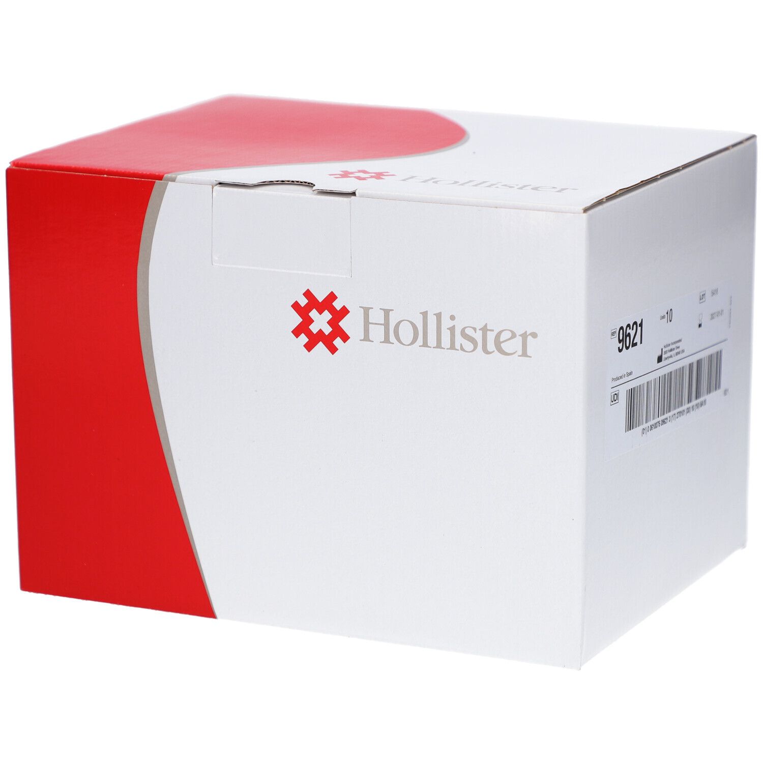 Boîte en carton blanche et rouge. Logo Hollister et code produit 9621. Informations imprimées sur le produit.