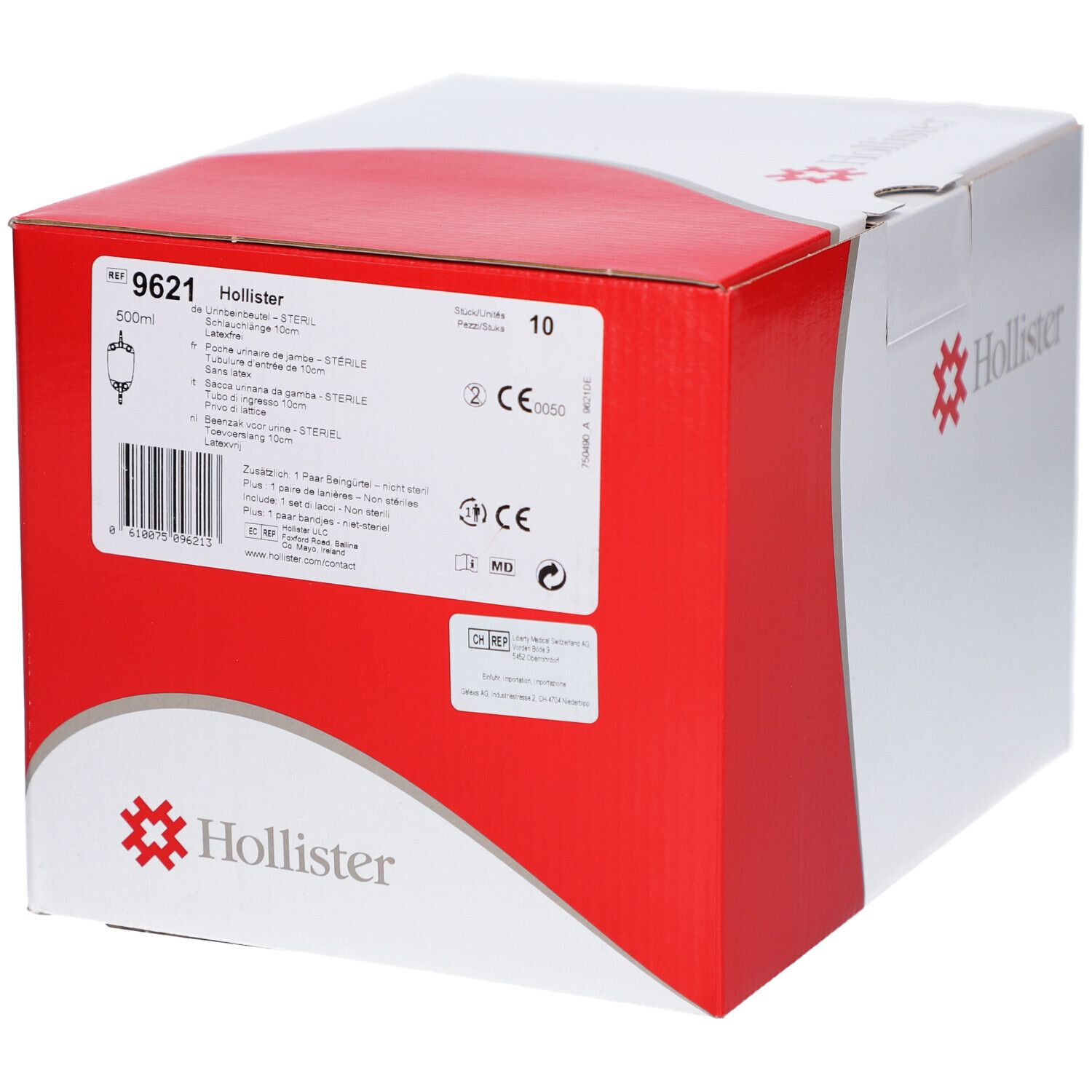 Emballage en carton avec informations produit. Logo Hollister et code produit 9621. Coloris rouge et blanc.