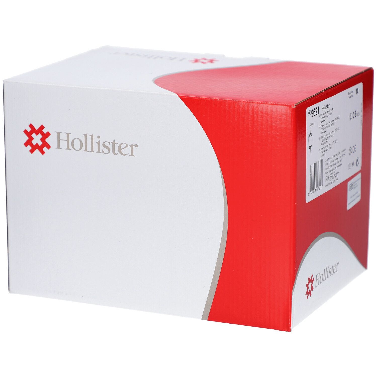 Emballage en carton avec logo Hollister. Coloris rouge et blanc. Code produit 9621 et autres informations.