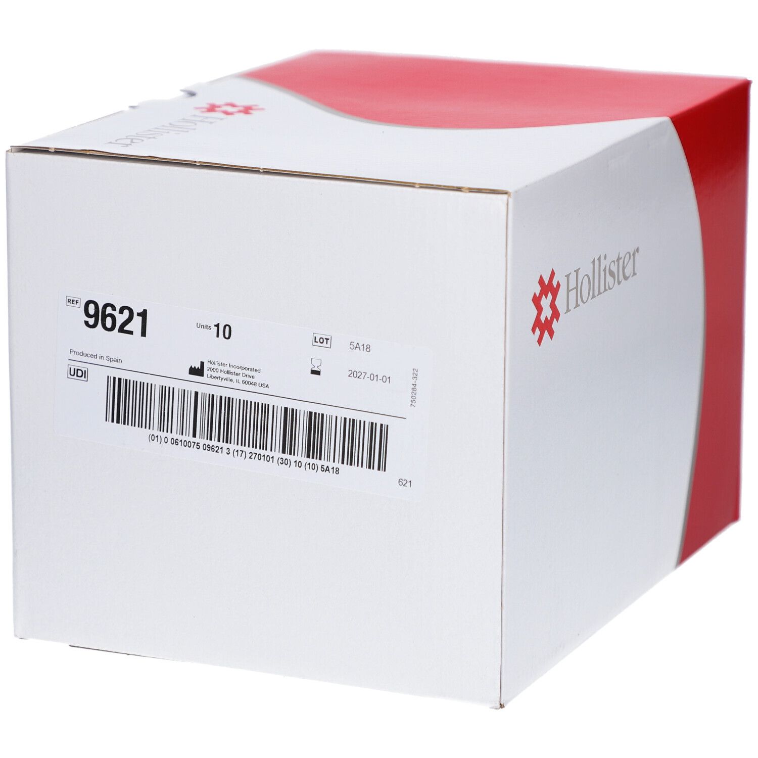 Emballage en carton avec code produit 9621. Logo Hollister. Code-barres et autres informations. Rouge et blanc.