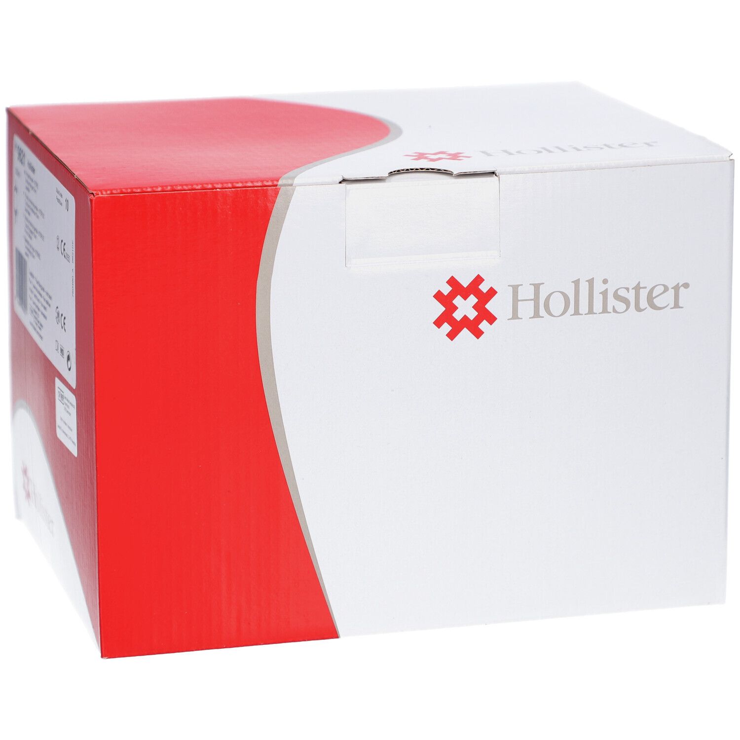 Emballage en carton avec logo Hollister. Coloris rouge et blanc. Informations et code produit.