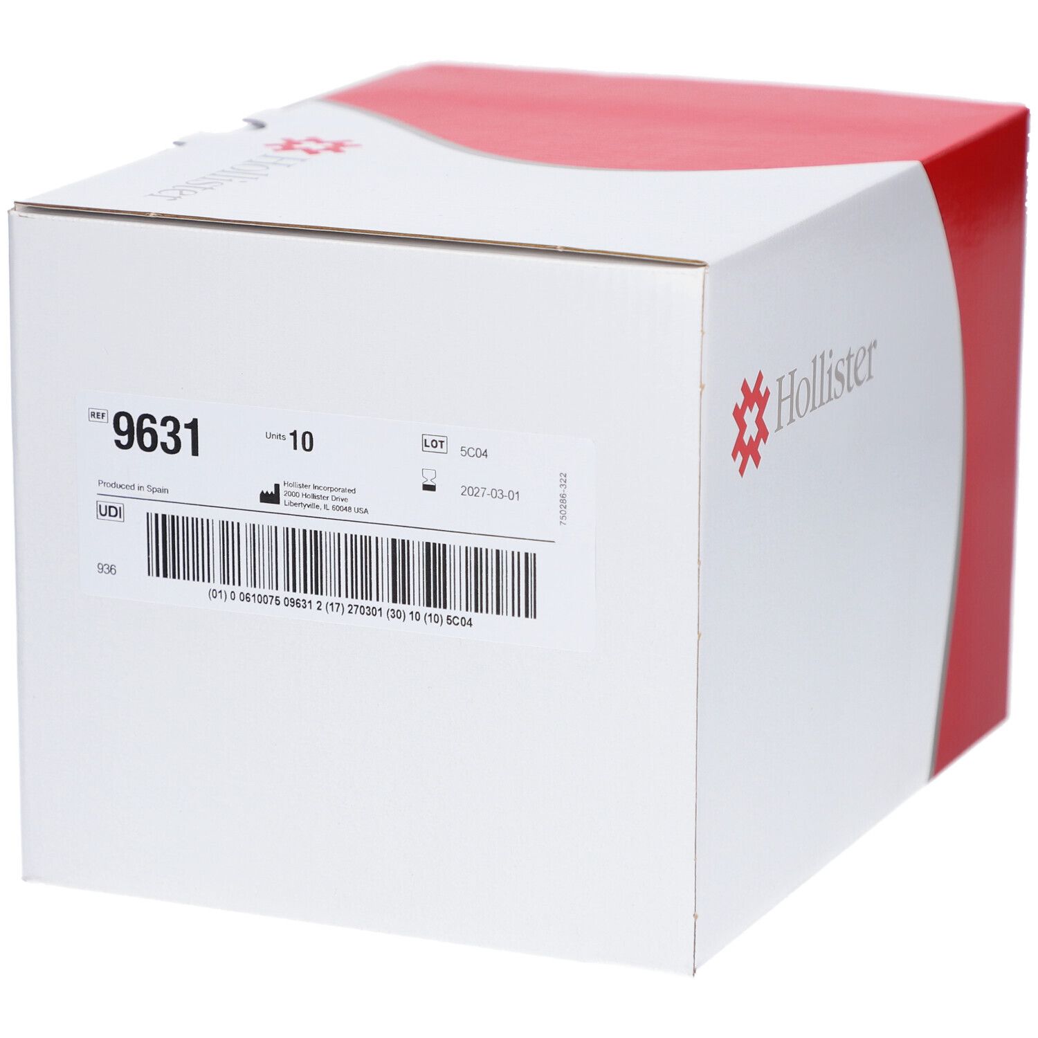 Boîte blanche et rouge. Code 9631, unité 10, code-barres, logo Hollister.