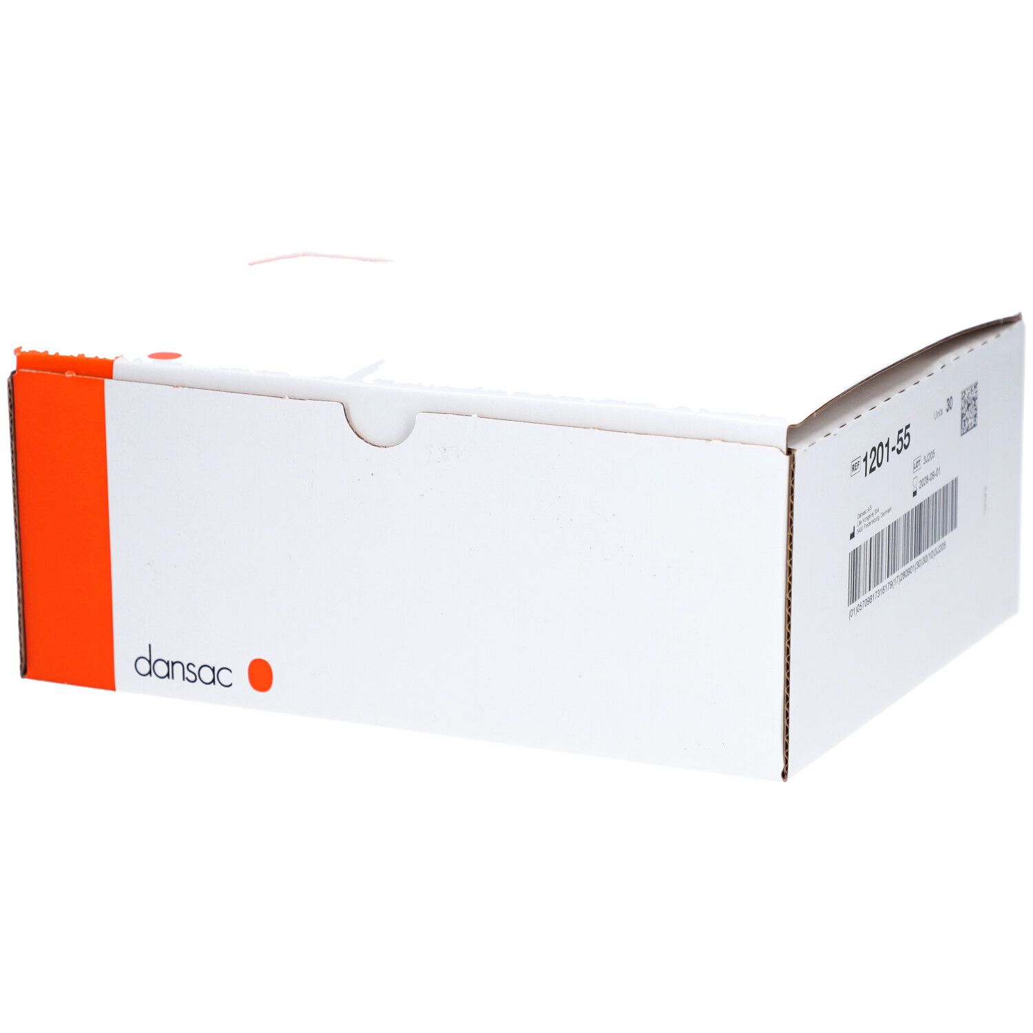 Weiße Kartonverpackung mit orangefarbenem Akzent. Dansac-Logo und Produktinformationen auf der Seite. Barcode und Produktnummer.