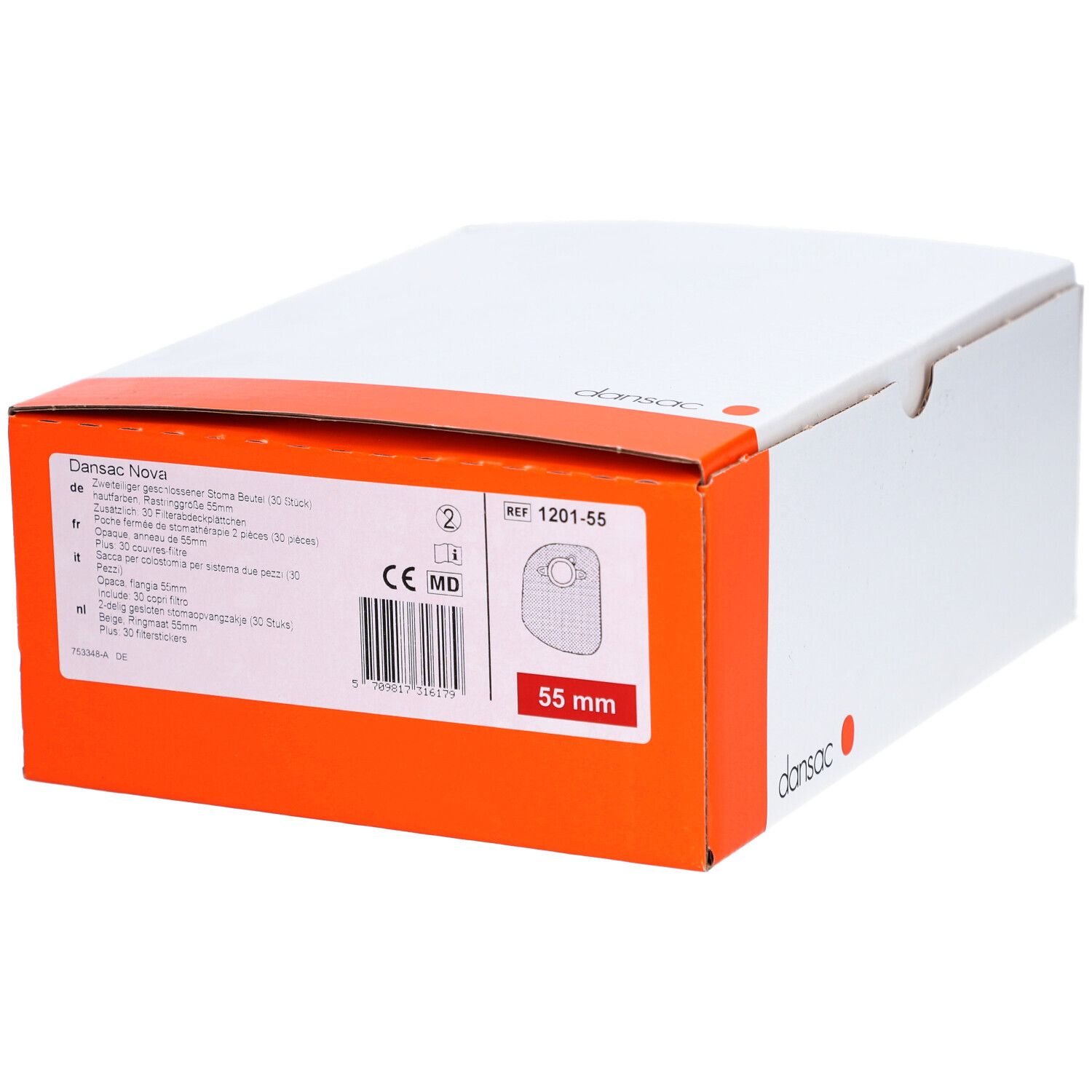 Kartonverpackung mit Produktinformationen. Dansac Nova, 55 mm, CE-Kennzeichnung. Mehrsprachige Produktbeschreibungen.