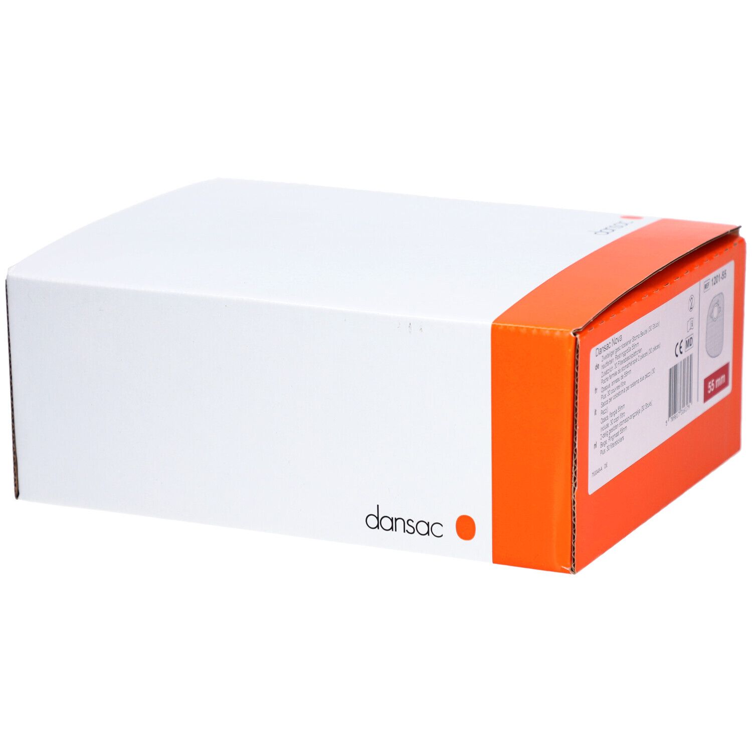 Weiße Kartonverpackung mit orangefarbenem Akzent. Dansac-Logo auf der Vorderseite. Produktinformationen auf der Seite.