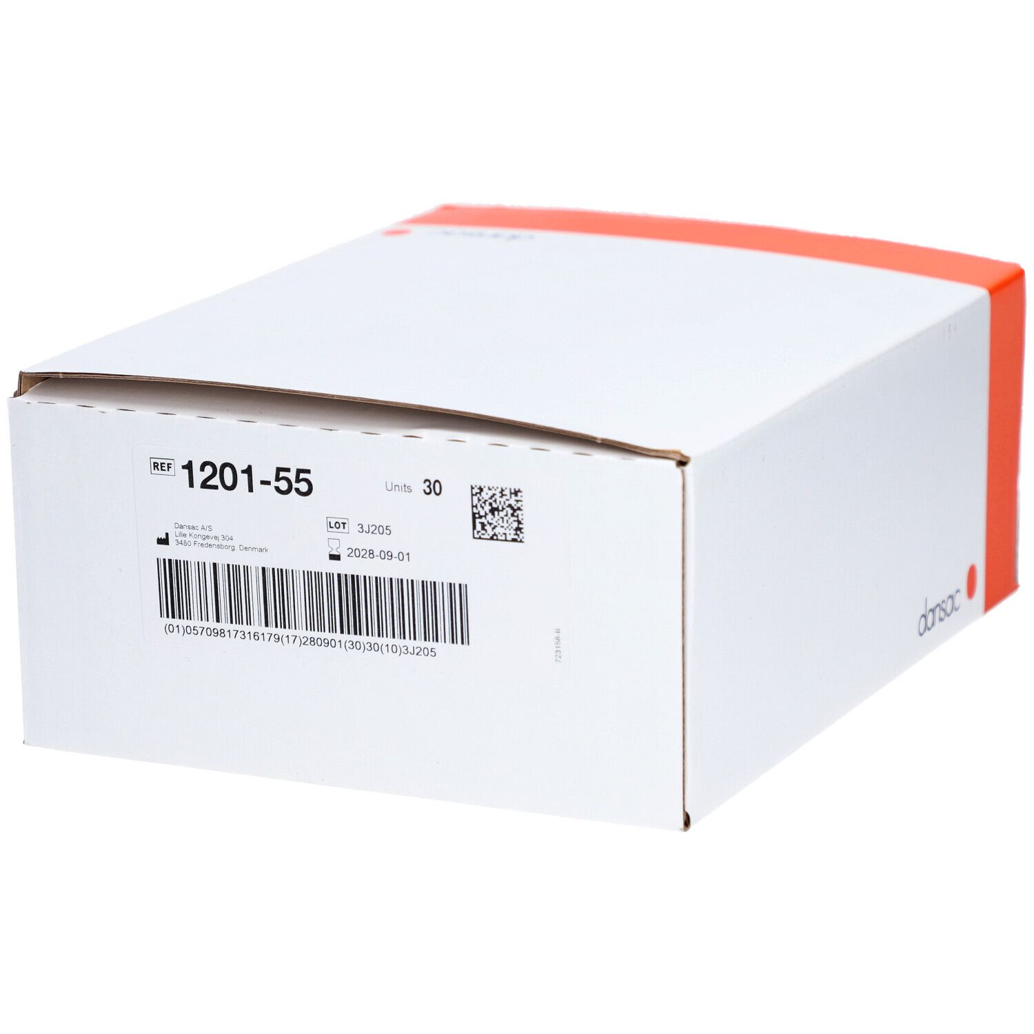 Kartonverpackung mit Produktinformationen. Ref. 1201-55, Los 30. Barcode und Verfallsdatum. Dansac-Logo.
