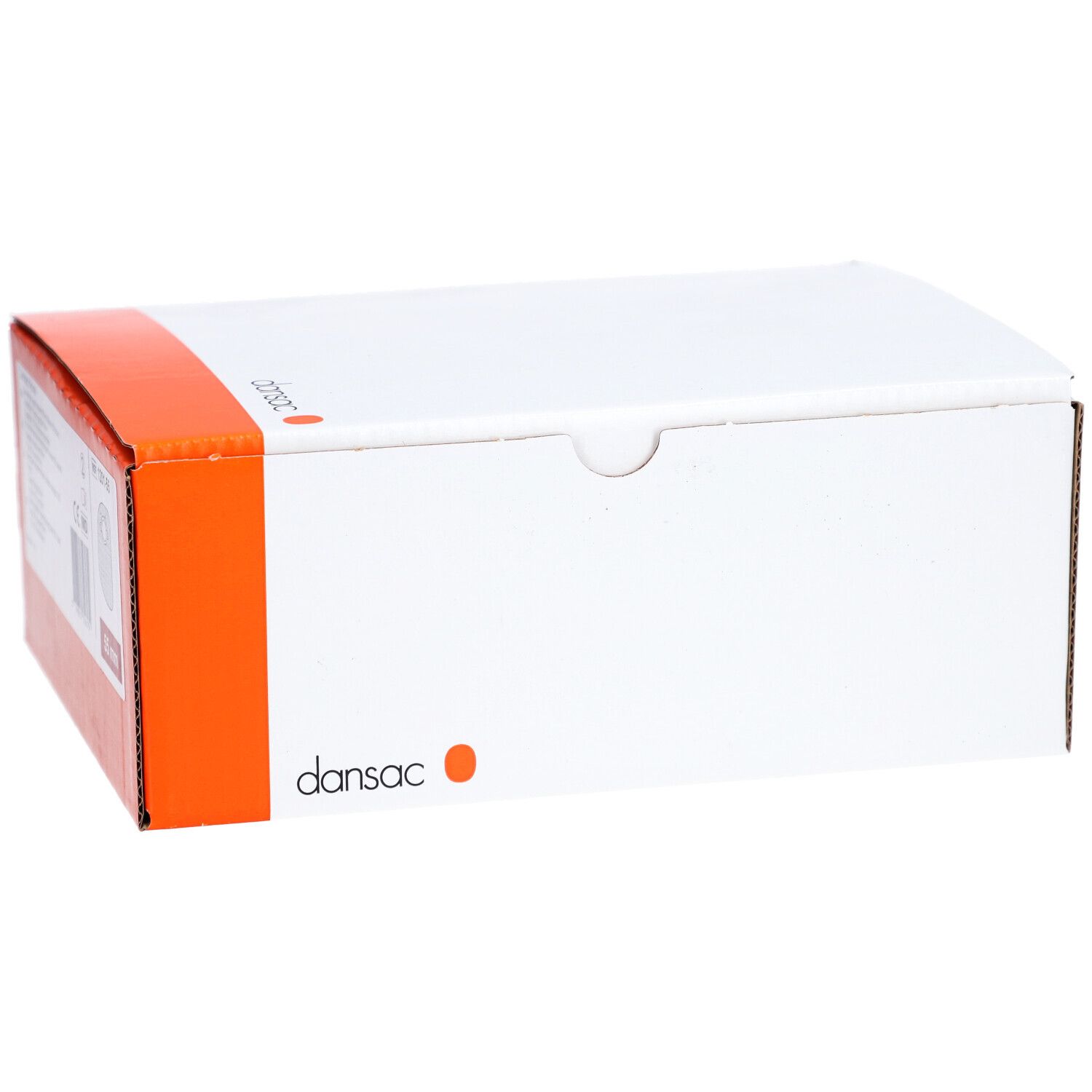 Kartonverpackung mit orangefarbenem Akzent. Dansac-Logo und Produktinformationen. Barcode auf der Seite.