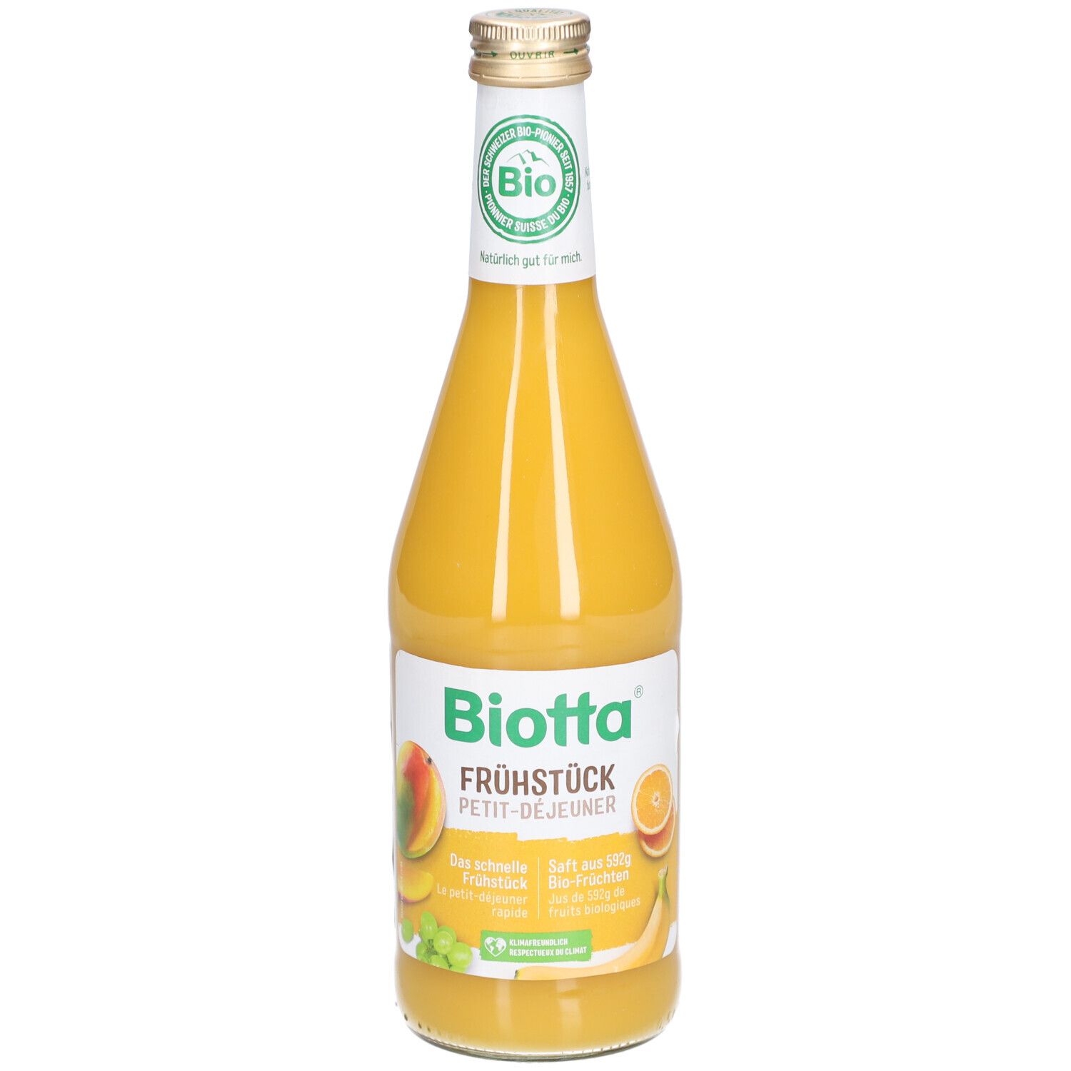 Gelbe Glasflasche mit Etikett. Aufschrift: BIOTTA Frühstück. Bio-Siegel. Abbildung von Früchten.