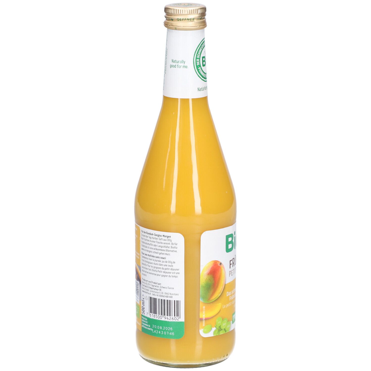 Rückansicht einer gelben Glasflasche. Etikett mit Text und Barcode. BIOTTA Frühstück. Bio-Siegel.