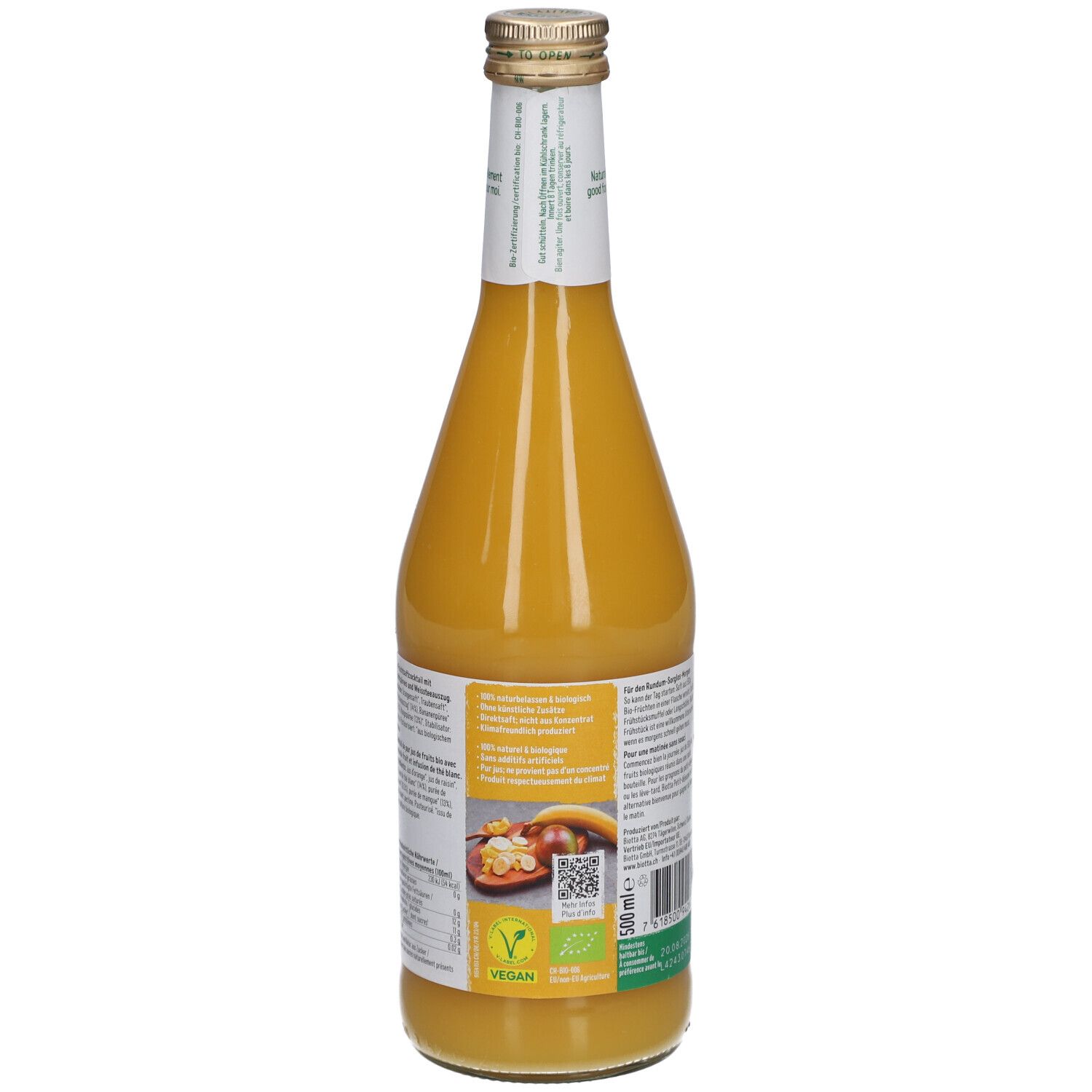 Rückansicht einer gelben Glasflasche. Etikett mit Text, Vegan-Siegel und Bio-Siegel. BIOTTA Frühstück.