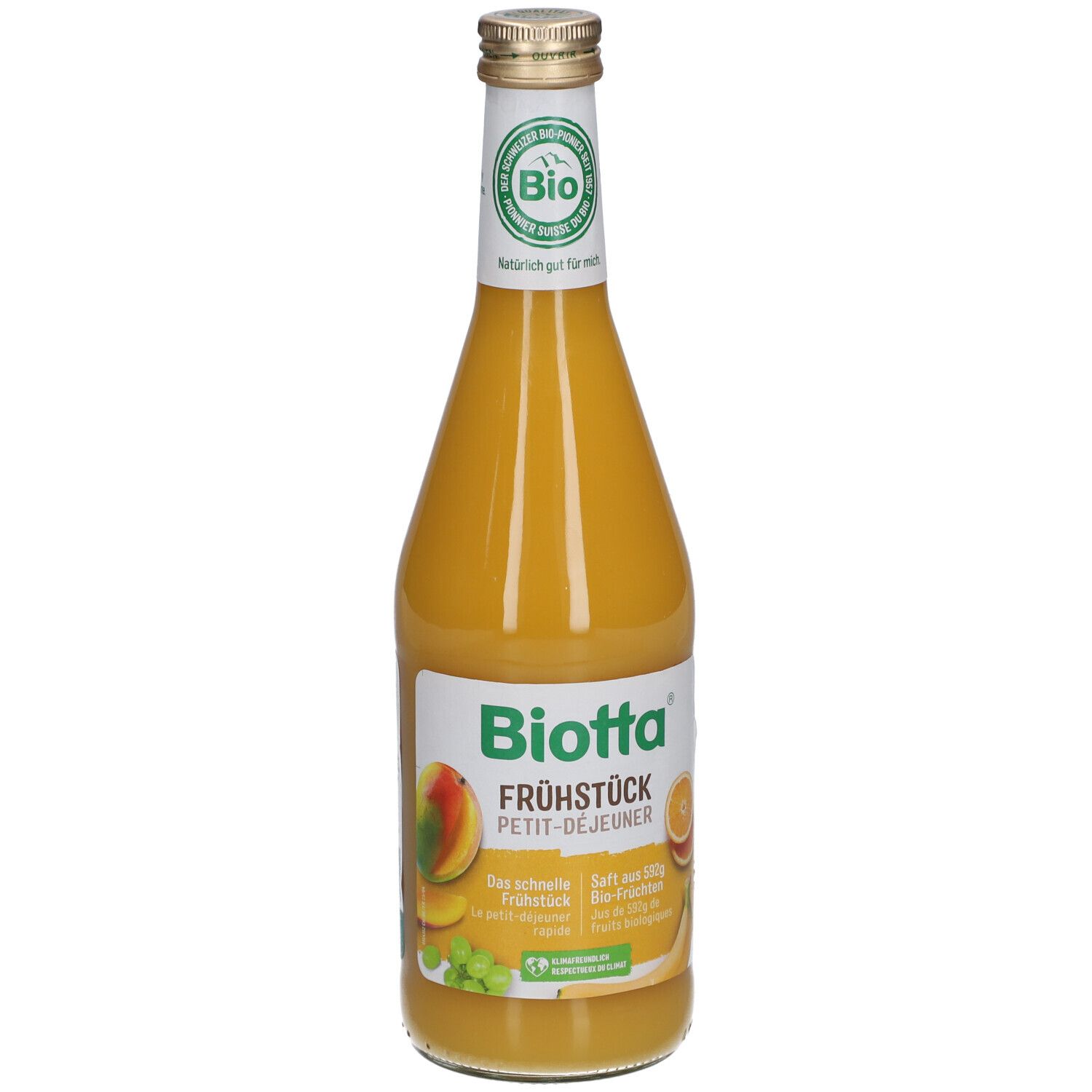 Gelbe Glasflasche mit Etikett. Aufschrift: BIOTTA Frühstück. Bio-Siegel. Abbildung von Früchten.