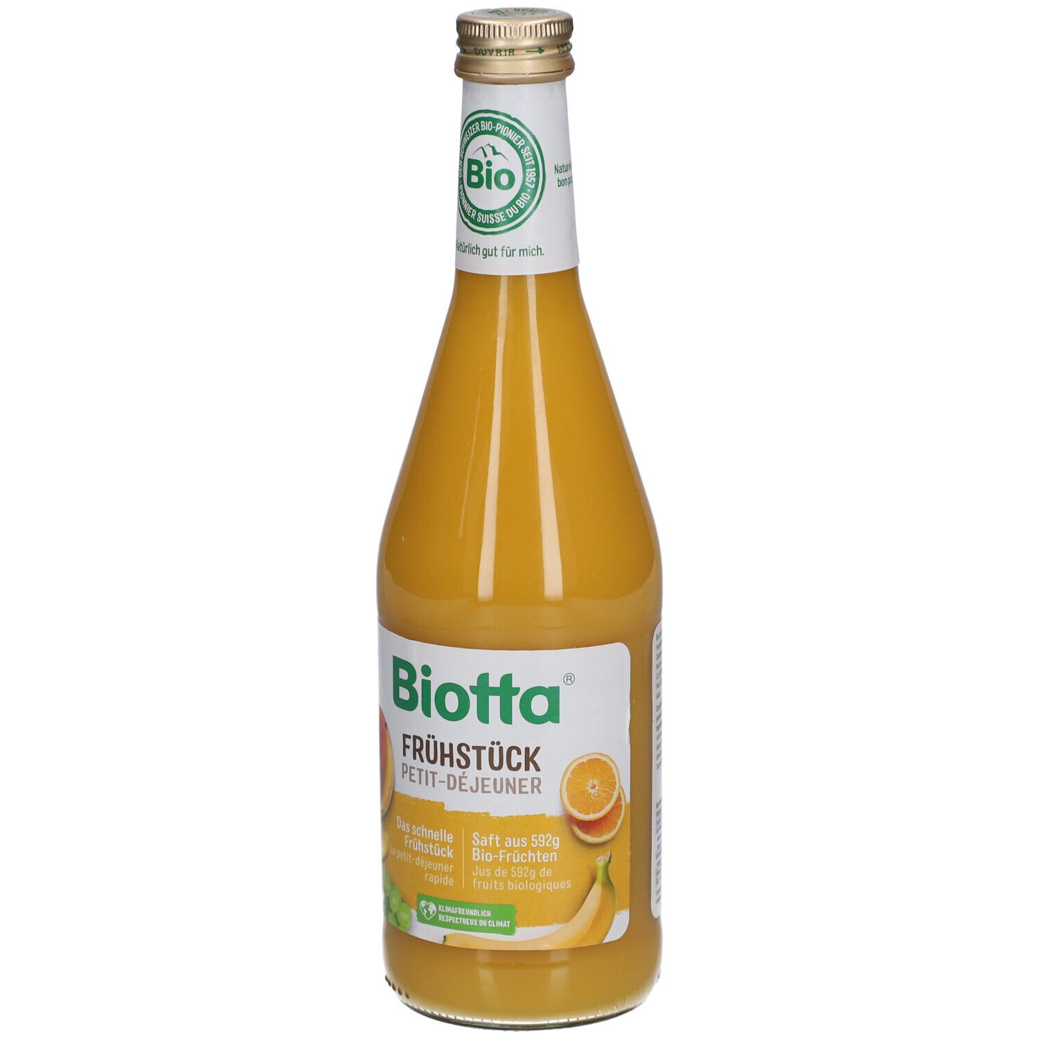 Gelbe Glasflasche mit Etikett. Aufschrift: BIOTTA Frühstück. Bio-Siegel. Abbildung von Früchten.