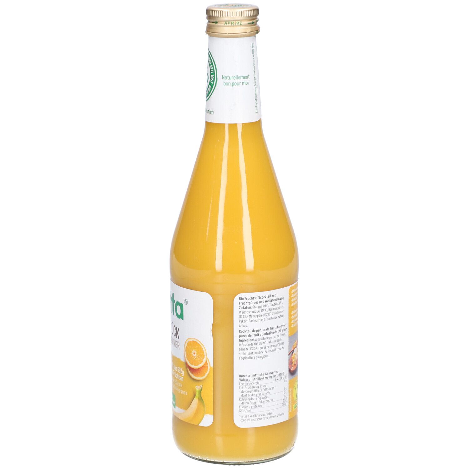 Rückansicht einer gelben Glasflasche. Etikett mit Text. BIOTTA Frühstück. Bio-Siegel. Vegan-Siegel.