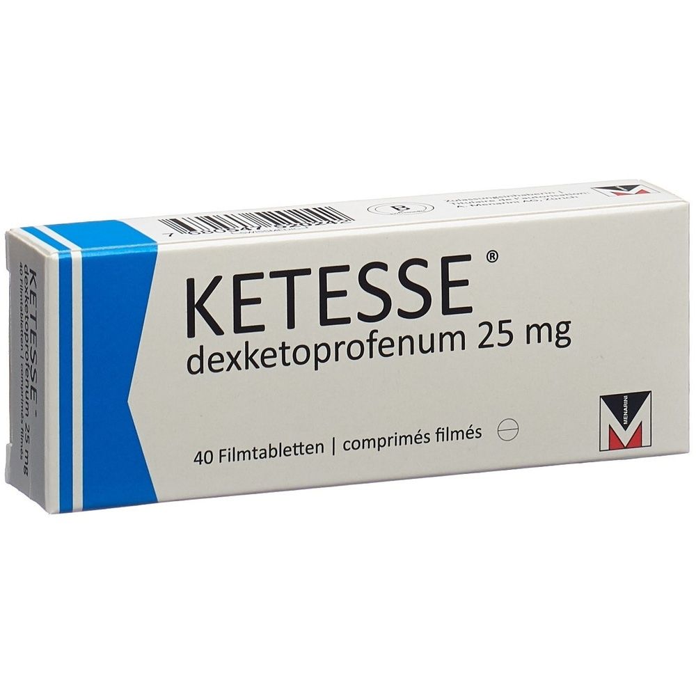 Kartonpackung mit der Aufschrift KETESSE, 25 mg. Blaue und weiße Farbgebung. Enthält 40 Tabletten.