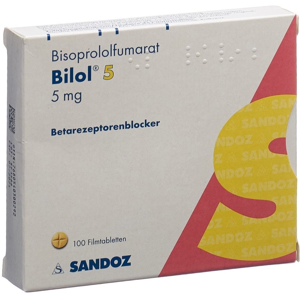Schachtel mit Arzneimittel. Aufschrift: BILOL 5 mg. Verpackung mit weißem Hintergrund, roter und gelber Akzent.