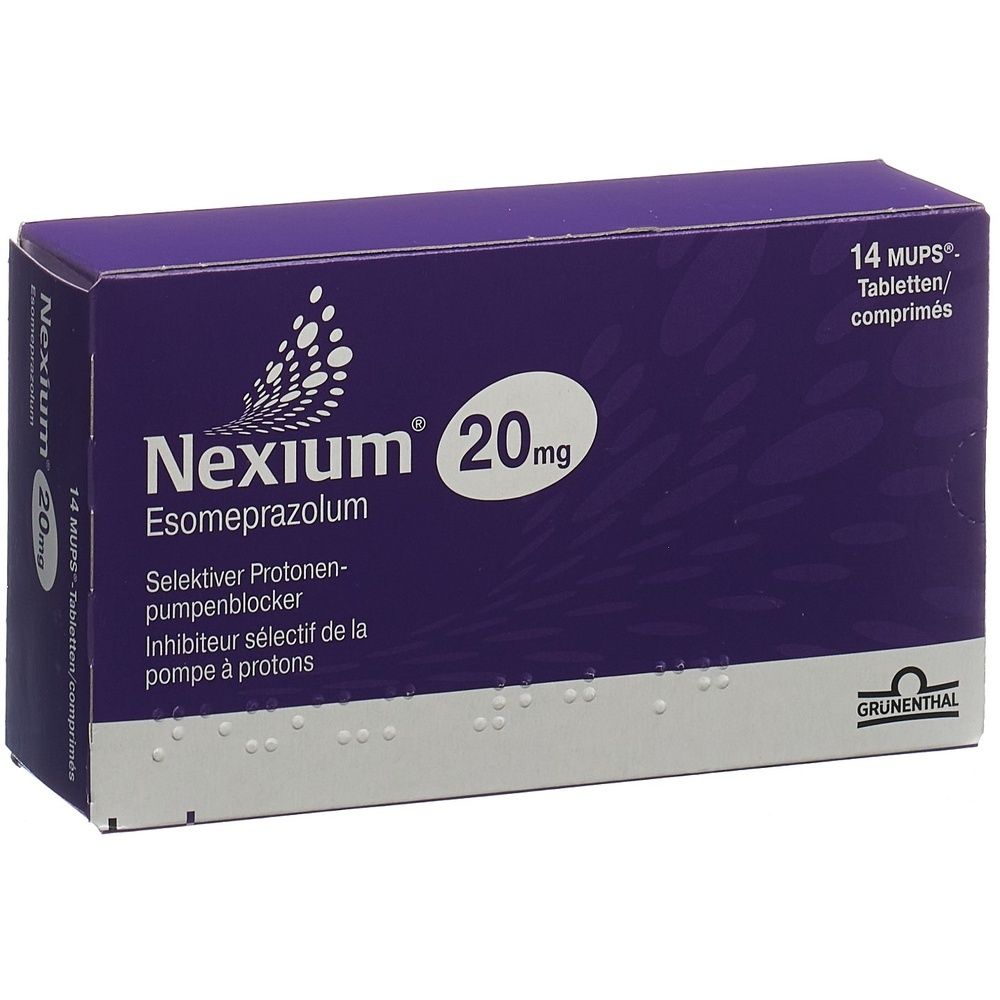 Violette Schachtel mit weißem Text. Aufschrift: Nexium 20mg, Esomeprazolum, 14 MUPS Tabletten. Grünenthal Logo.