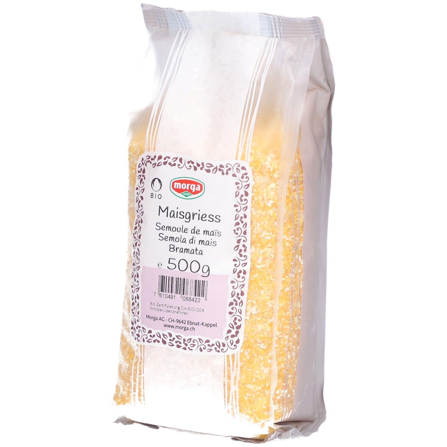 MORGA Maisgrieß in Verpackung. BIO-Siegel. 500g. Aufschrift: Maisgrieß, Semoule de maïs, Bramata.