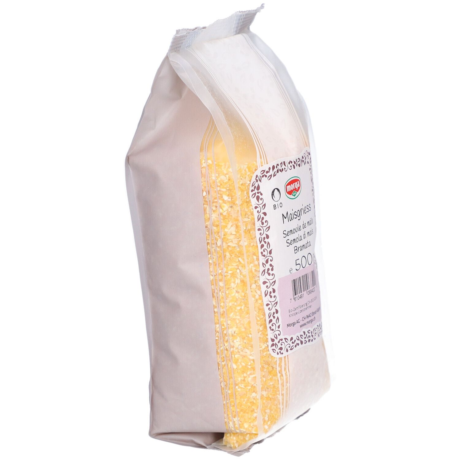 MORGA Maisgrieß-Packung, leicht schräg. BIO-Siegel. 500g. Aufschrift: Maisgrieß, Semoule de maïs, Bramata.